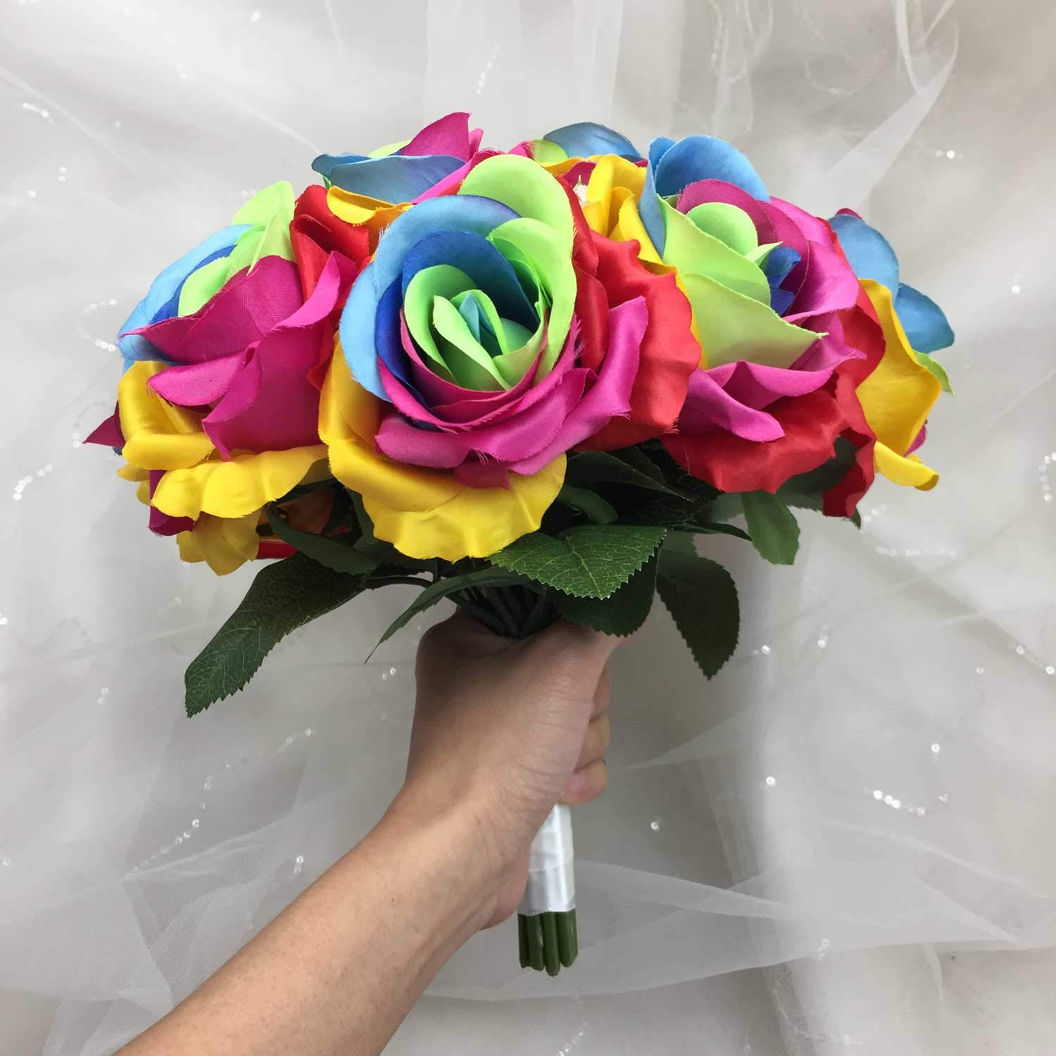 Silk Rainbow Rose Flowers Bouquet Boutonniere - Artificial Wedding Bouquet for Bridal Party, Centerpieces, Home Decor & Special Events