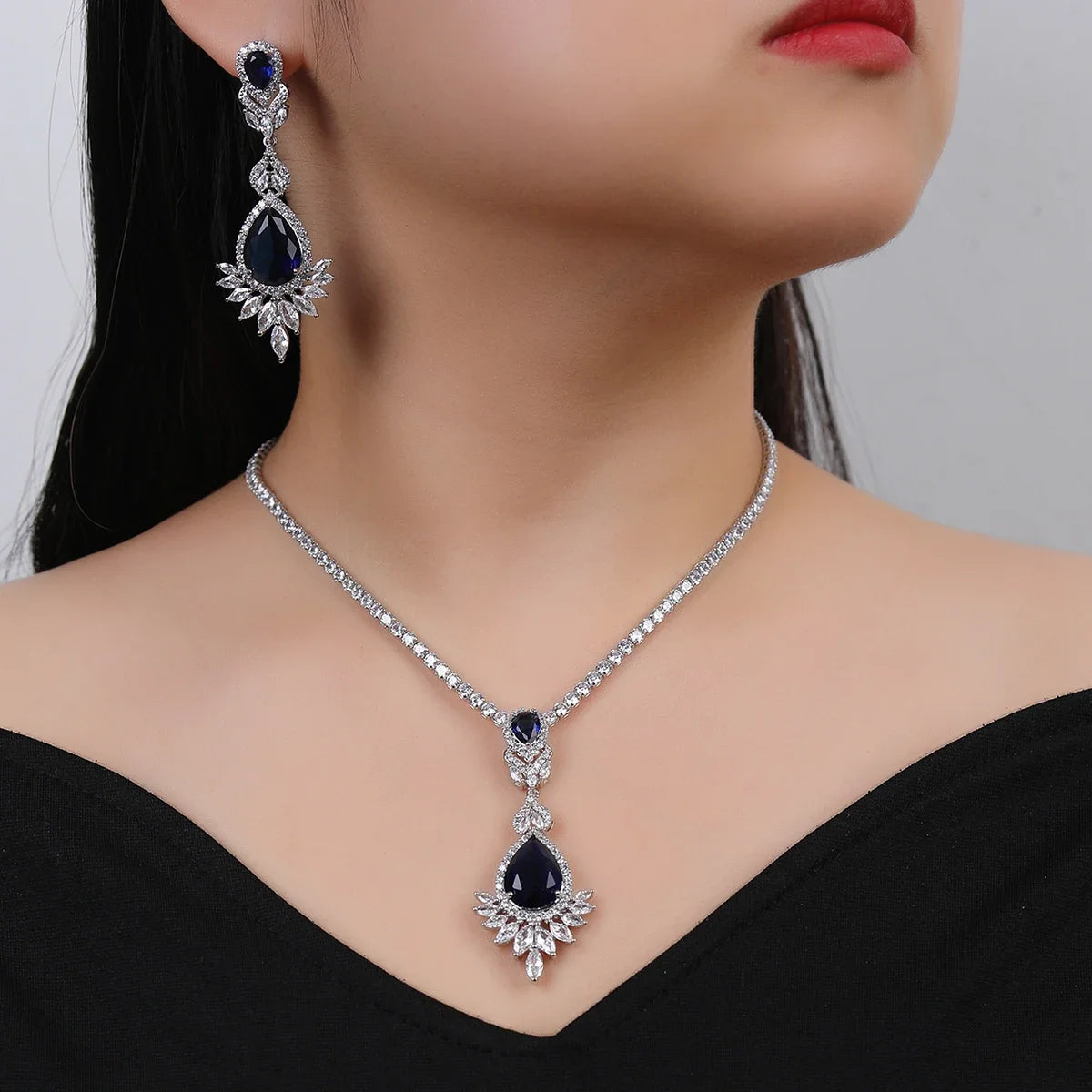 Elegant CZ Cubic Zirconia Water Drop Pendant Necklace & Earrings Set - Bridal Wedding Jewelry for Women - Perfect Gift for Anniversary, Engagement & Special Occasions