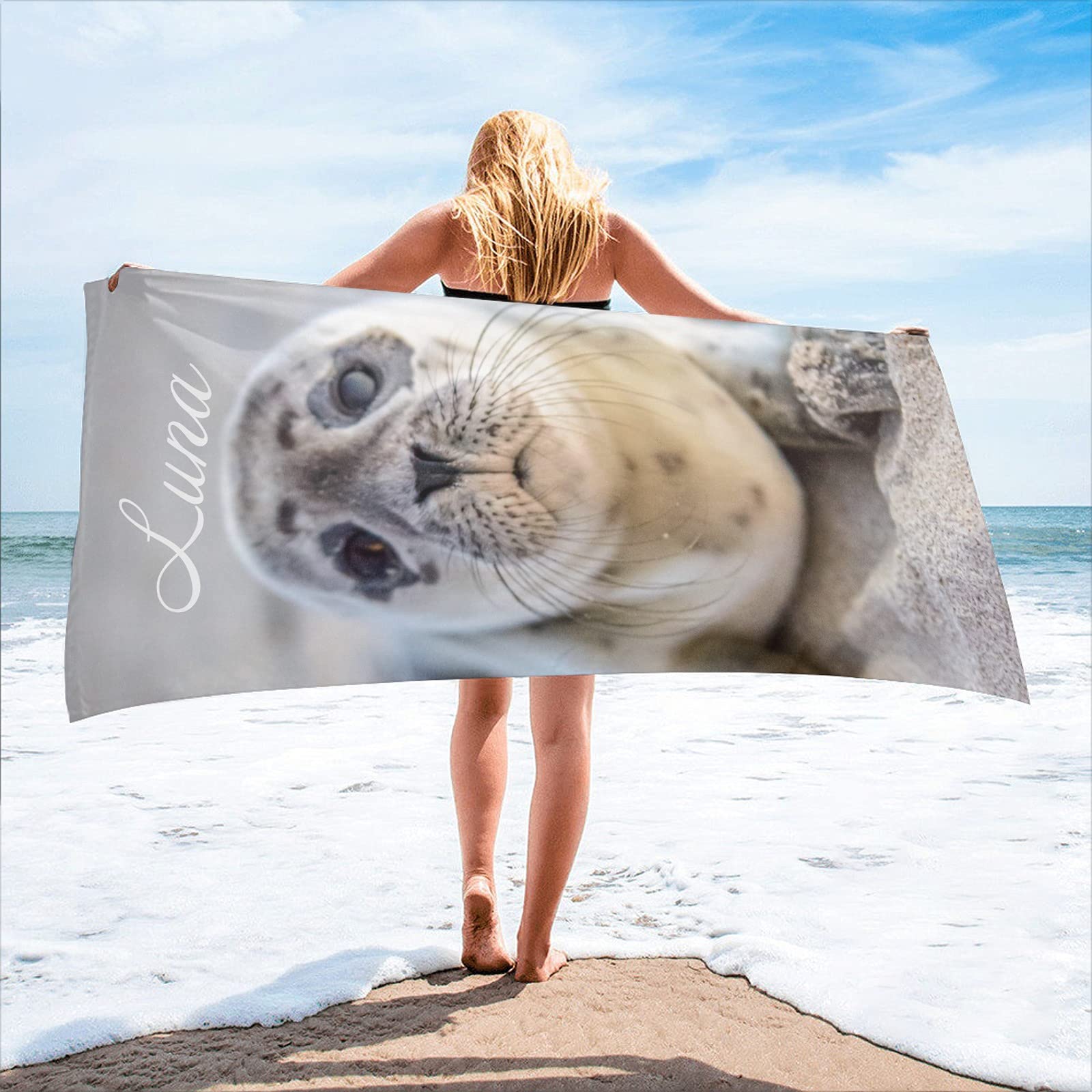 Custom Name Beach Towel with Cute Seal Print - Soft Microfiber Bath Towel 30x60 Inches, Double Sided - Perfect Wedding Gift, Pool Party & Summer Vacation Essential