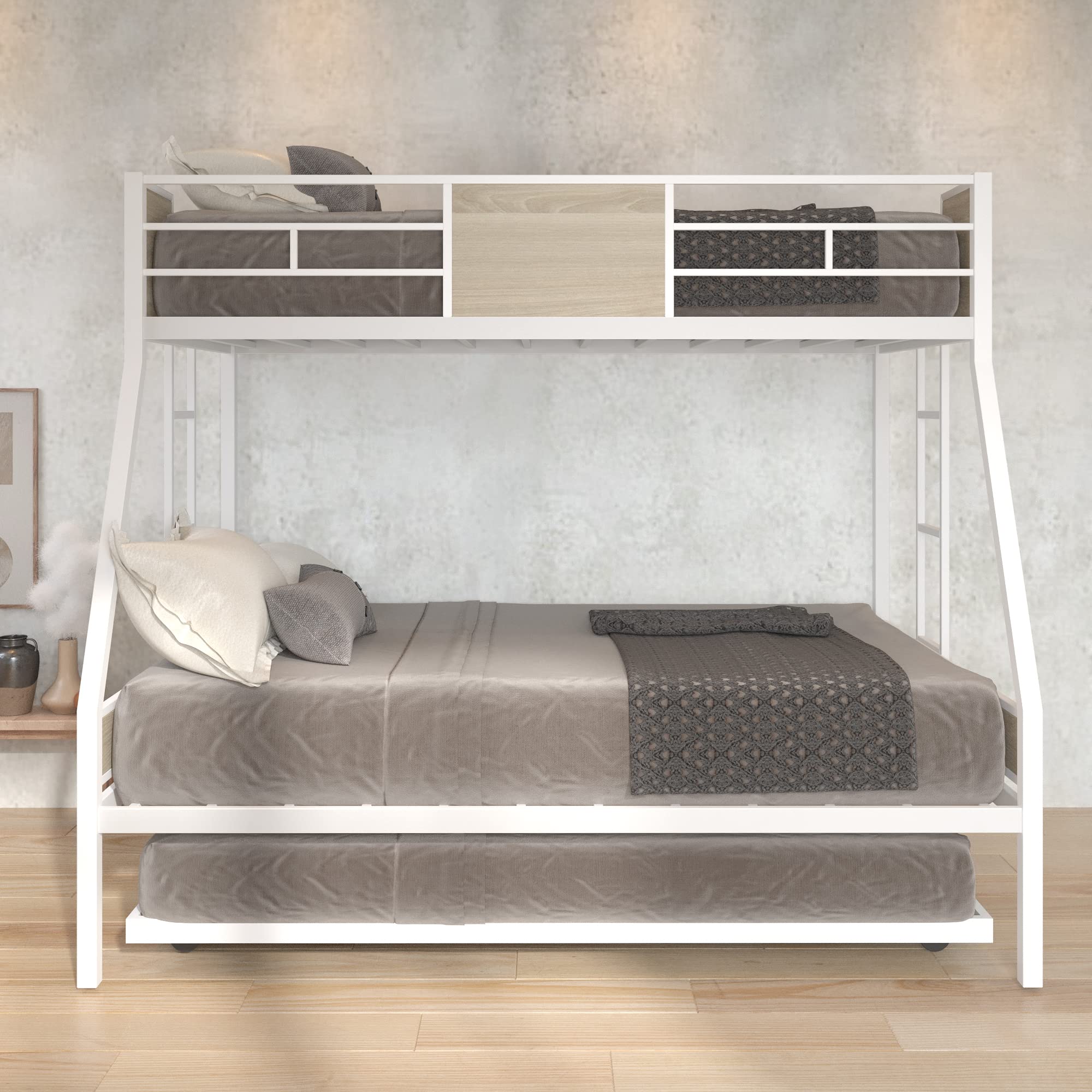 Danxee Heavy Duty Metal Bunk Bed with Trundle - Twin Over Full Size, Safety Rails & Dual Ladders for Kids, Teens & Adults - Space Saving Bedroom Furniture for Small Rooms, Guest Rooms & Dorms (White)