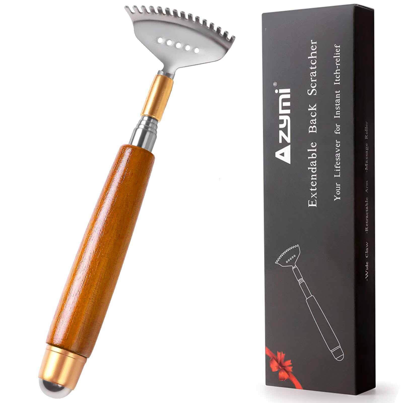 Telescopic Back Scratcher with Steel Roller Ball - Extendable Metal Scratcher with Wooden Handle, Wide Claw Design for Back, Scalp & Body Relief - Portable Massage Tool for Home, Office & Travel Use