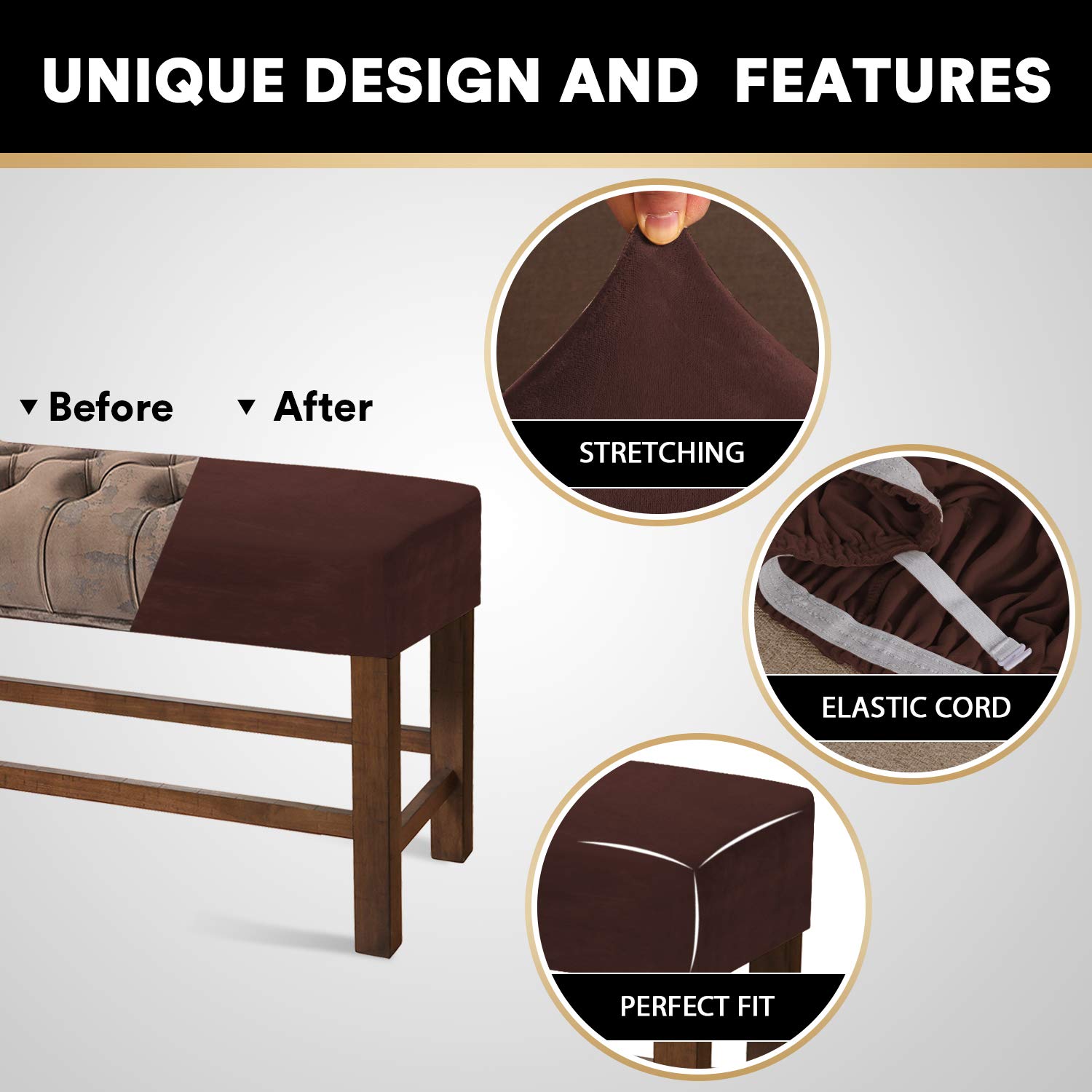 MIFXIN Velvet Stretch Dining Room Bench Cover - Soft Removable Washable Upholstery Slipcover for Bed, Sofa & Furniture Protector - Spandex Fabric Fits Living Room, Bedroom, Kitchen (Large, Brown) - Perfect for Home Decor, Guest Seating & Dining Area Comfort