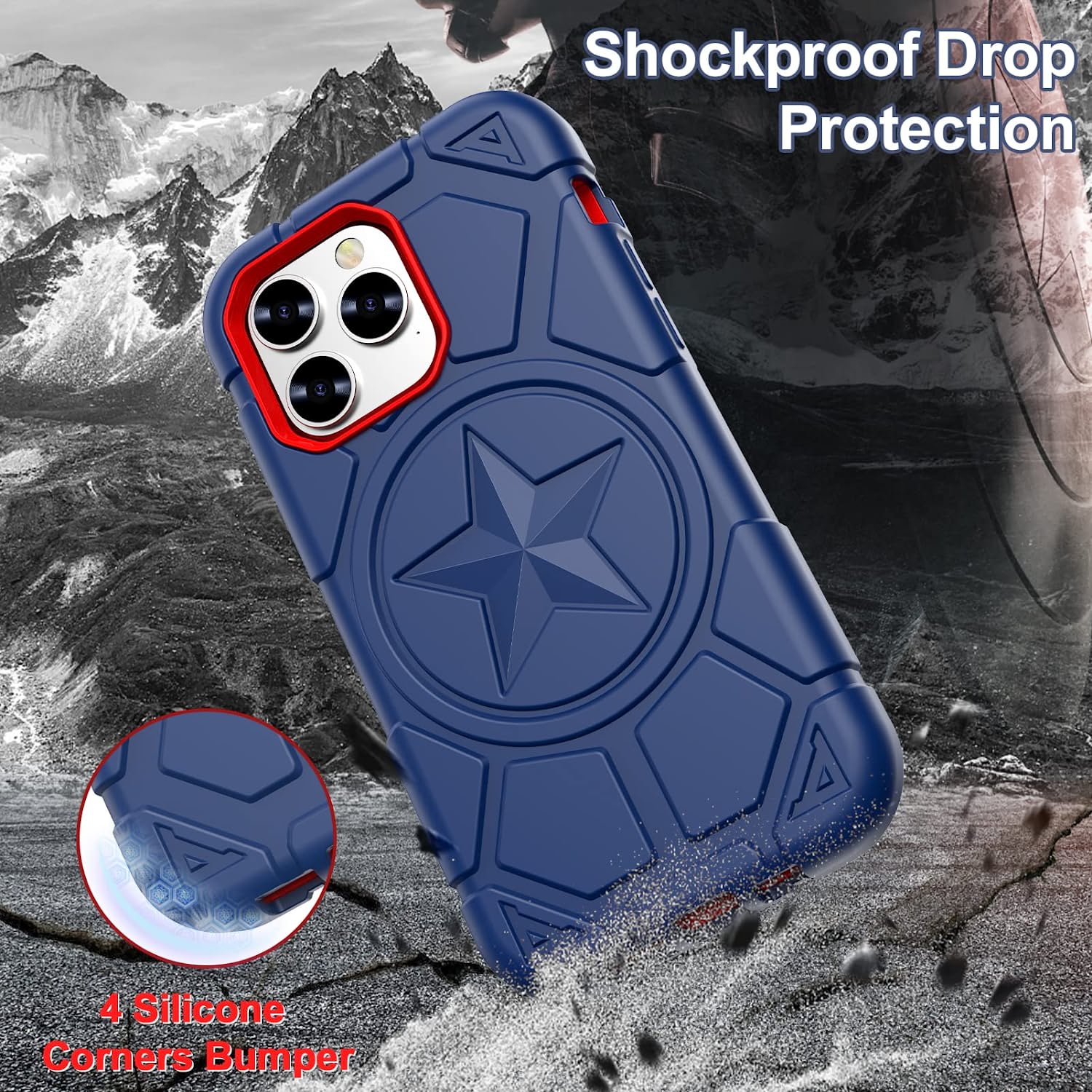 iPhone 14 Pro Max Case 6.7 Inch - Military Grade Drop Protection Shockproof Cover - Navy Blue & Red - Perfect for Outdoor Activities, Travel & Daily Use