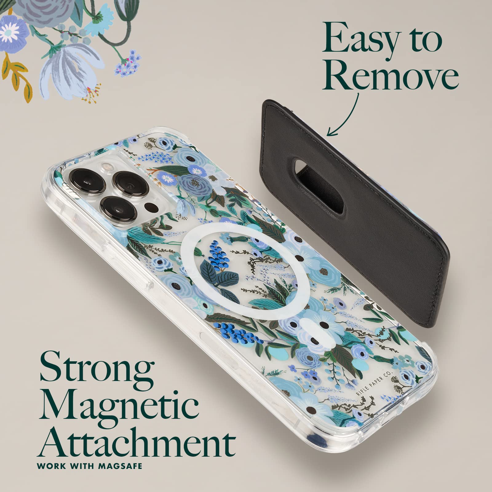 Rifle Paper Co. Magnetic Wallet for iPhone 16 Pro Max/15 Pro/14/13 - Vegan Leather MagSafe Card Holder (Holds 3 Cards) | Slim Detachable Phone Wallet | Garden Party Blue | Perfect for Everyday Use, Travel & Contactless Payments