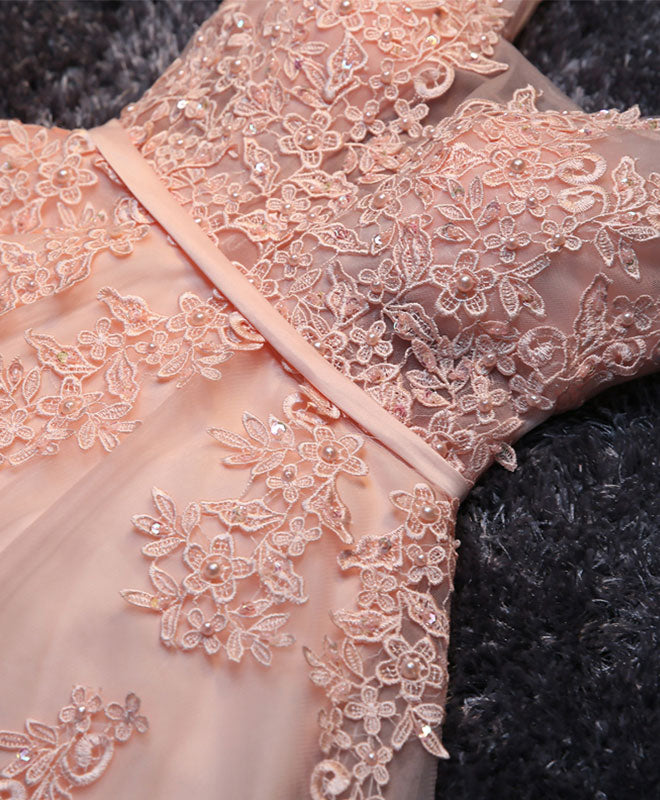 Elegant Pink V-Neck Tulle Lace Short Prom Dress for Homecoming, Party, and Special Occasions | Flirty Cocktail Dress for Teens and Juniors