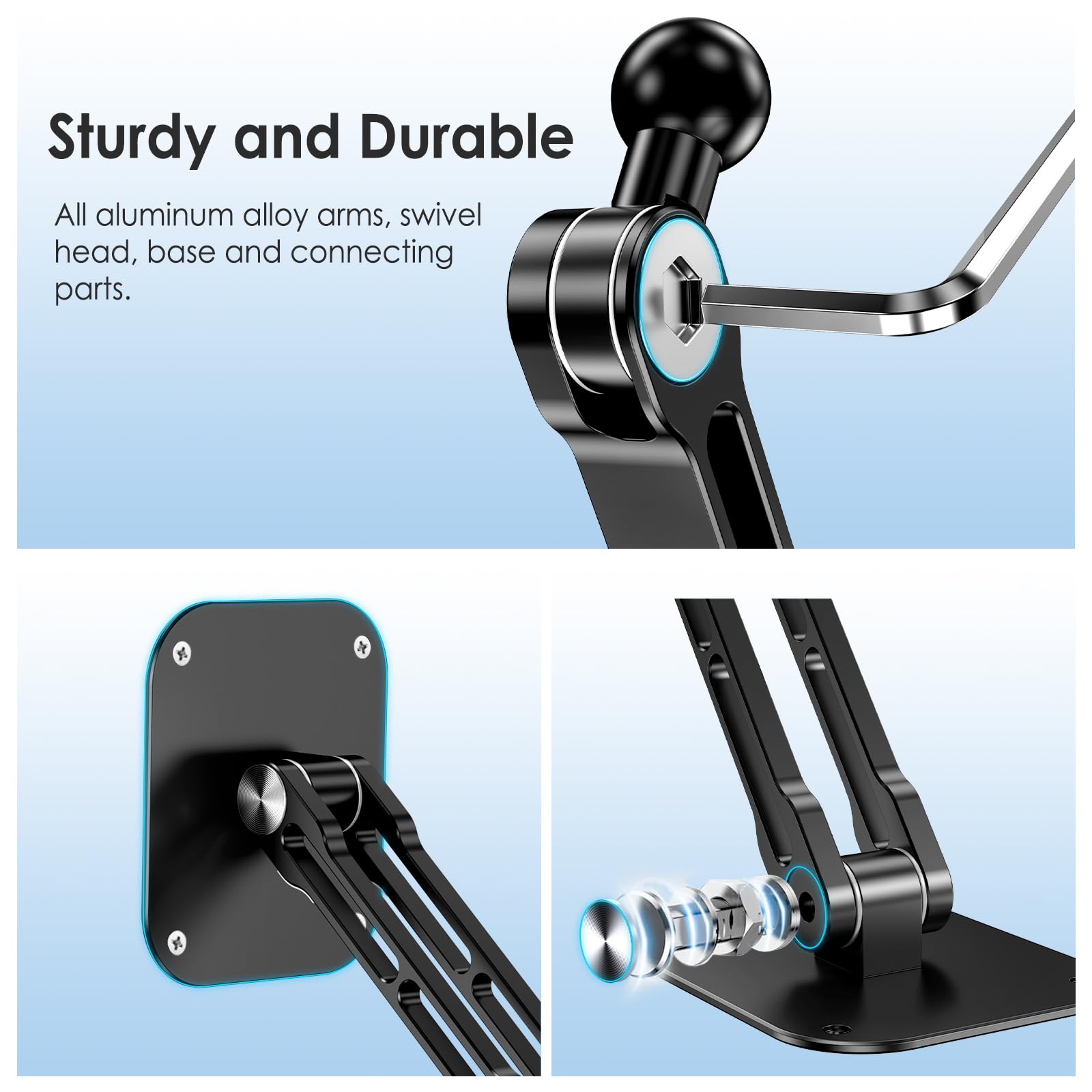 Aluminum Extendable Tablet Wall Mount Holder with 360° Rotating Base - Adjustable & Foldable for iPad Pro/Air/Mini, Galaxy Tab, and All 4.7-13