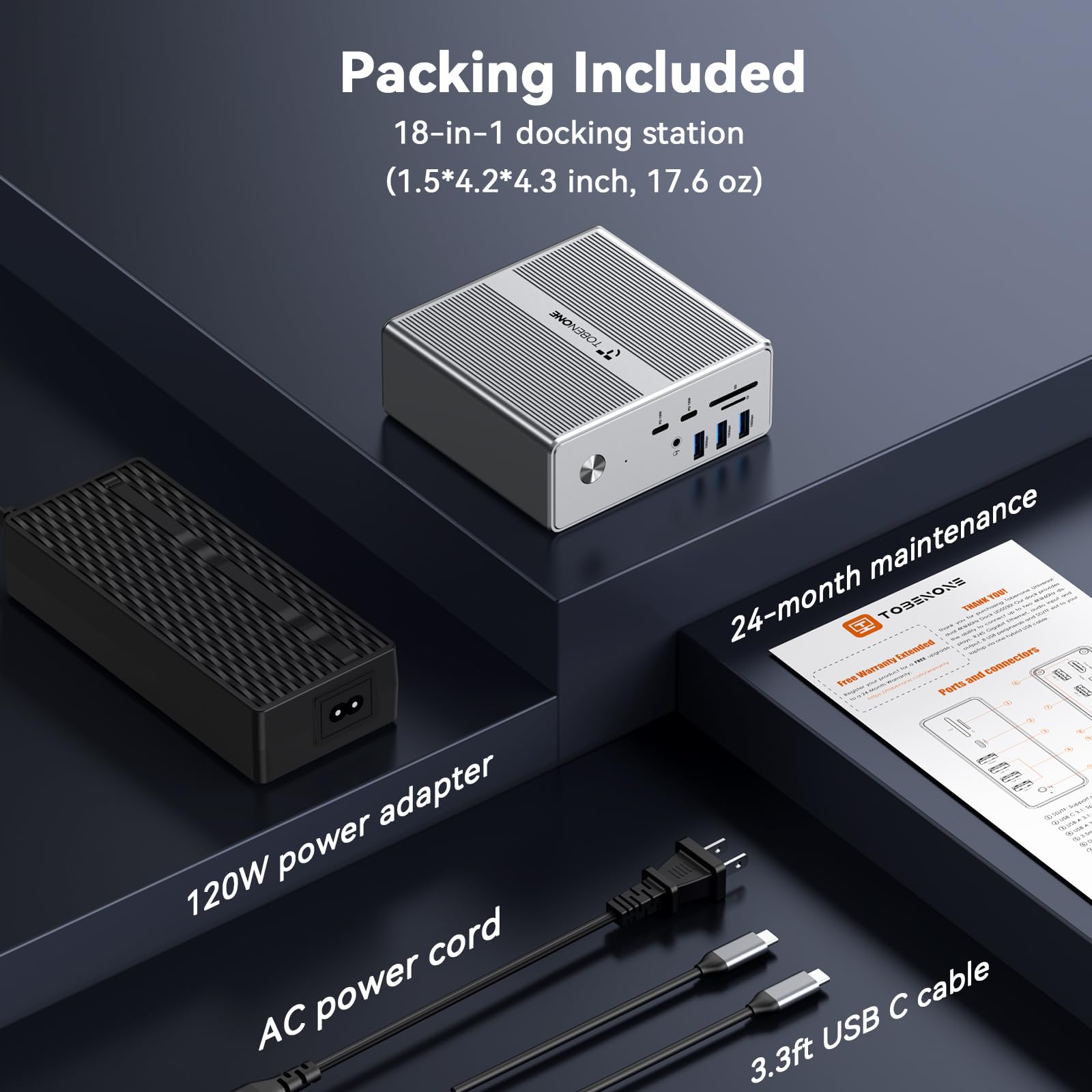 TobenONE 18-in-1 DisplayLink Docking Station with 4 HDMI Ports - Quad/Triple 4K@60Hz Monitor Support, 120W Power Supply - Compatible with Thunderbolt 5/4/3, USB4, USB-C Windows & MacBook (8 USB Ports, Ethernet) - Perfect for Home Office, Multi-Screen Workstations & Gaming Setups