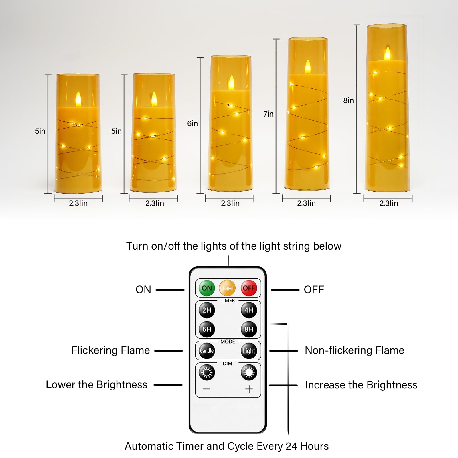 Flameless LED Candles with Timer - 5 Pack Flickering Battery Operated Candles for Romantic Ambiance, Home Decor, Weddings & Parties - Realistic Acrylic Shell with Embedded Star String Lights (Gold) - Perfect for Dining Tables, Fireplace Mantels & Bedroom Nightlights