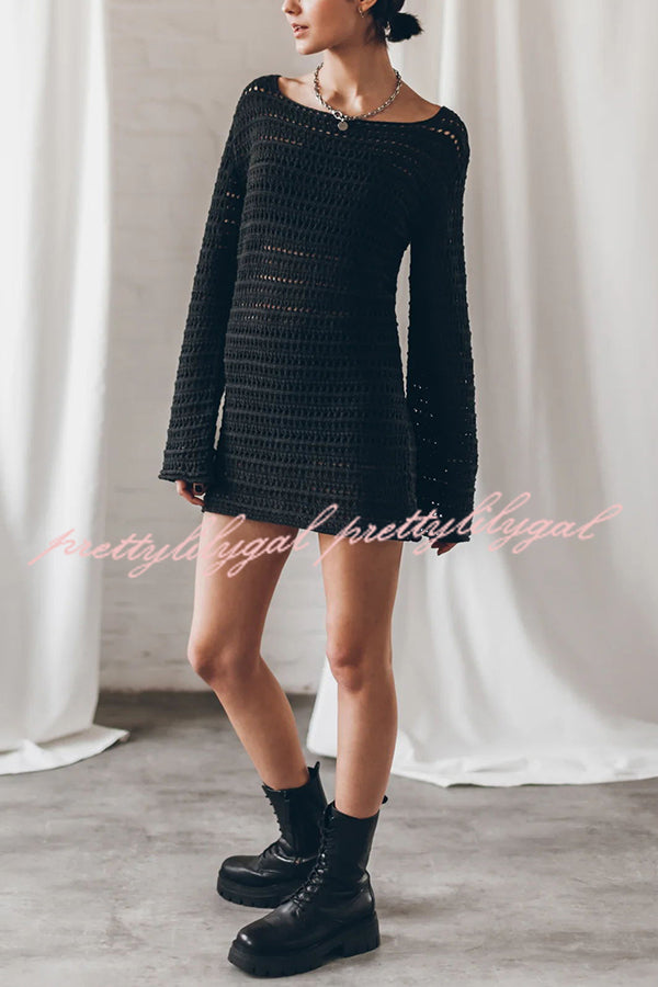 Sunset Love Knit Open Back Tie-Up Flare Sleeve Cover Up Mini Dress - Perfect for Beach Vacation, Summer Party & Boho Fashion