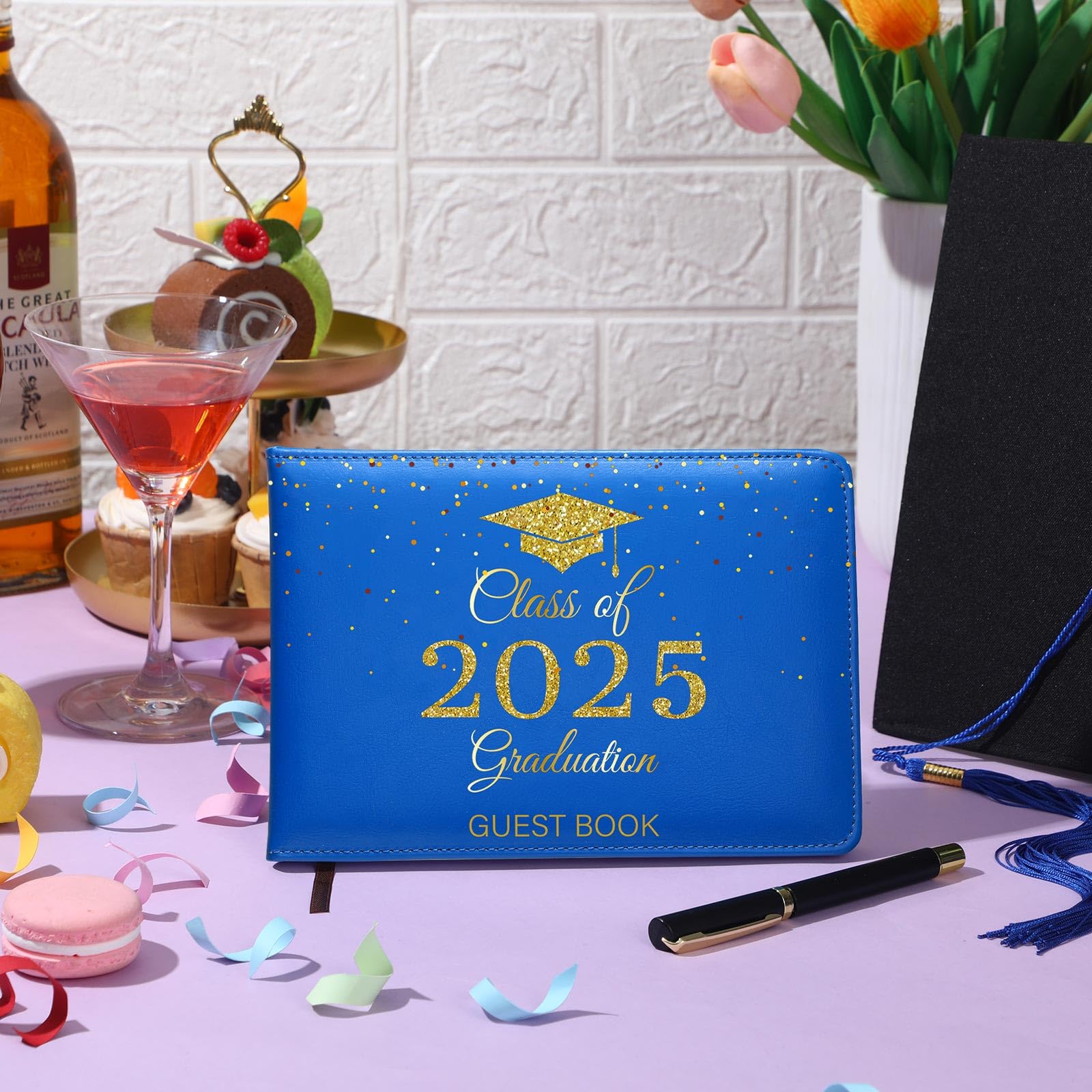 Frienda 2025 Graduation Guest Book - Leather Guest Sign in Book with Pen - Graduation Party Favors & Gifts for Graduates - Class of 2025 Signature Book (Blue & Gold) - Perfect for High School & College Graduation Ceremonies, Commencement Parties & Memory Keepsakes