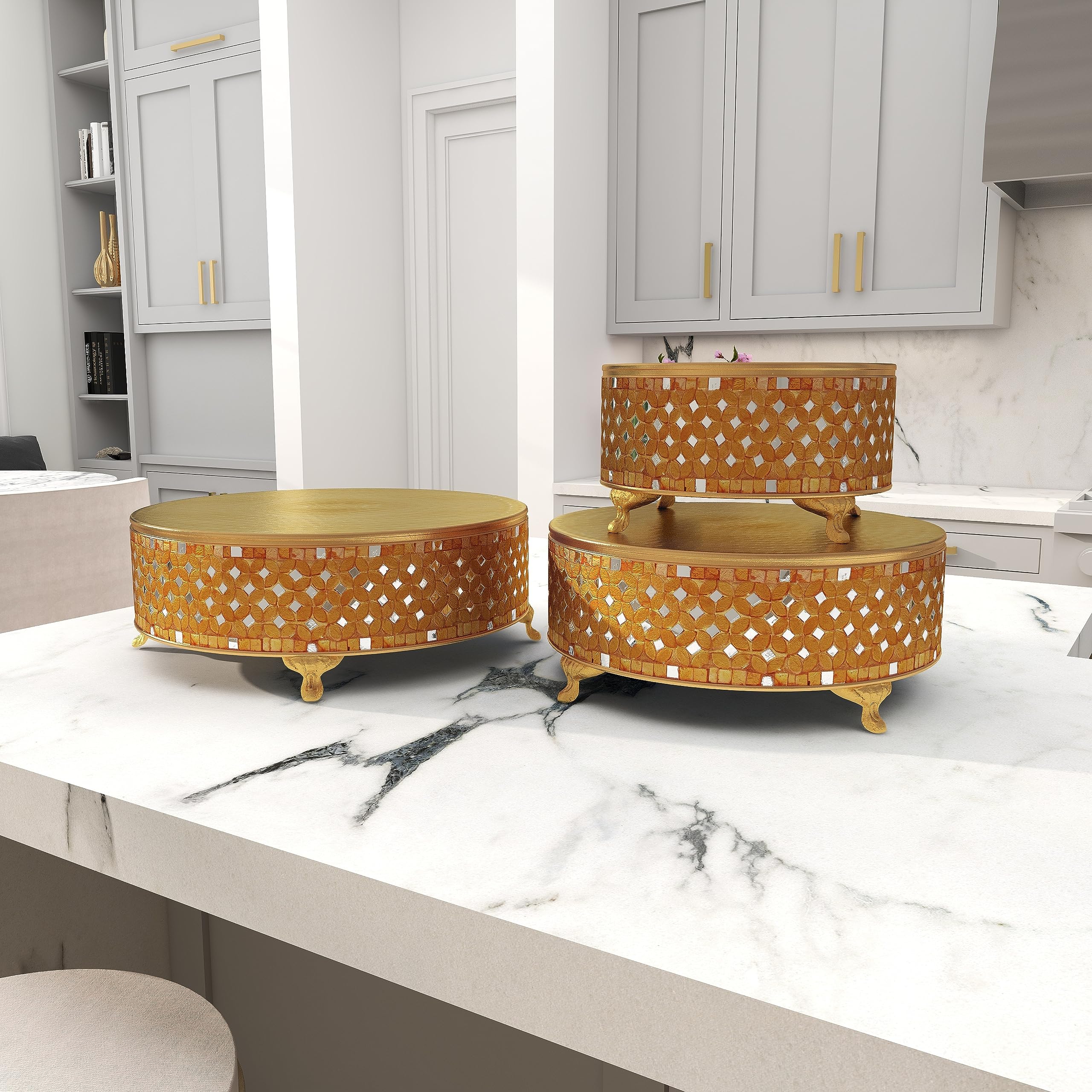 Deco 79 3-Tier Gold Metal Cake Stand Set with Mirrored Mosaic Patterns & Scrolled Feet - 19