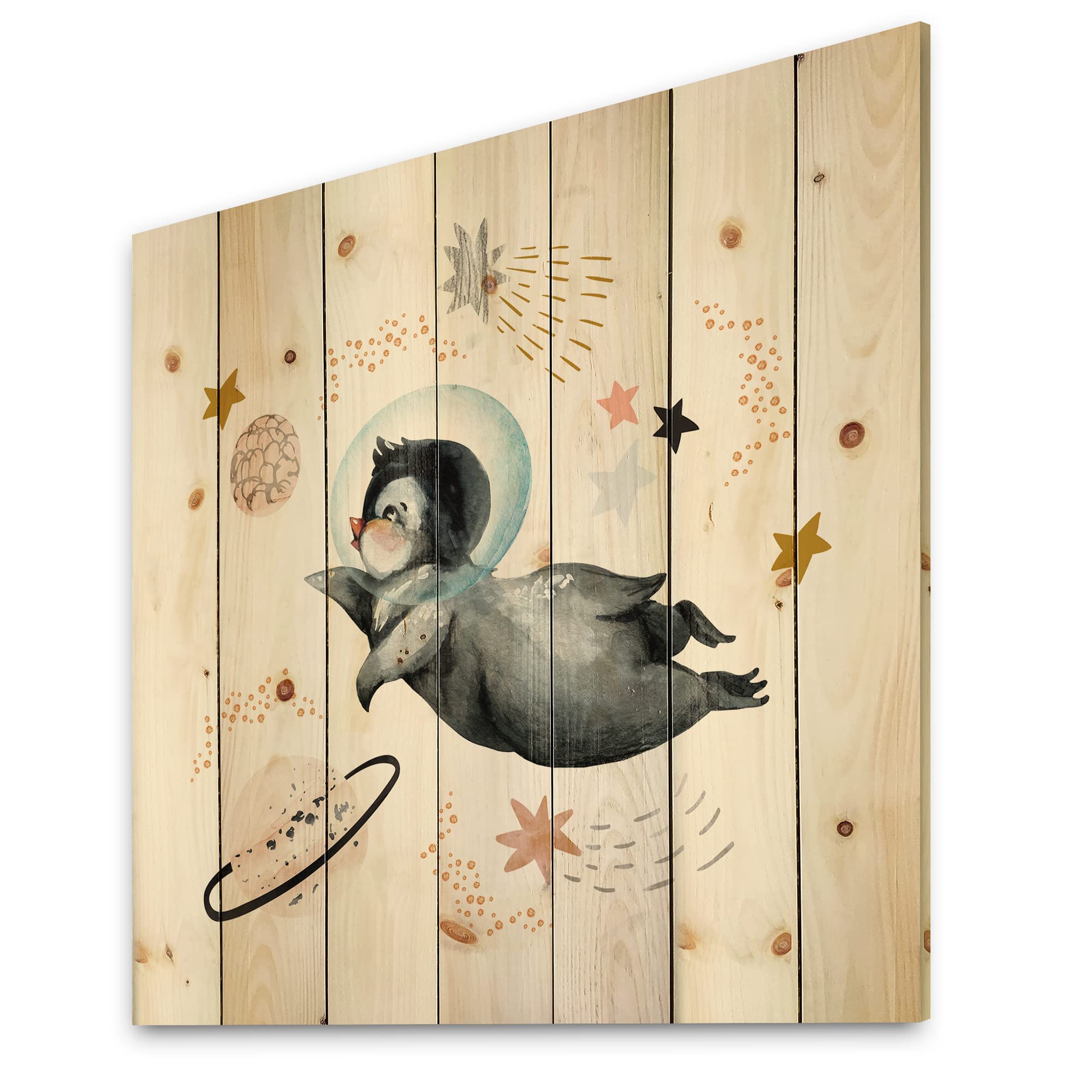 DesignQ Little Penguin Flying Stars & Planets II Farmhouse Wood Wall Decor - Grey Wood Wall Art, Large Animal Wood Panels Printed on Natural Pine - Perfect for Nursery, Kids Room & Living Room Decor