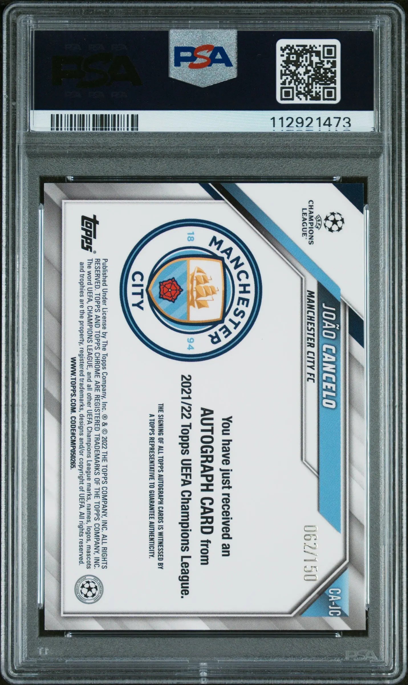 2021 Topps Chrome UEFA Champions League Joao Cancelo Blue Refractor Autograph PSA 10 Gem Mint /150 - Soccer Trading Card for Collectors & Sports Fans