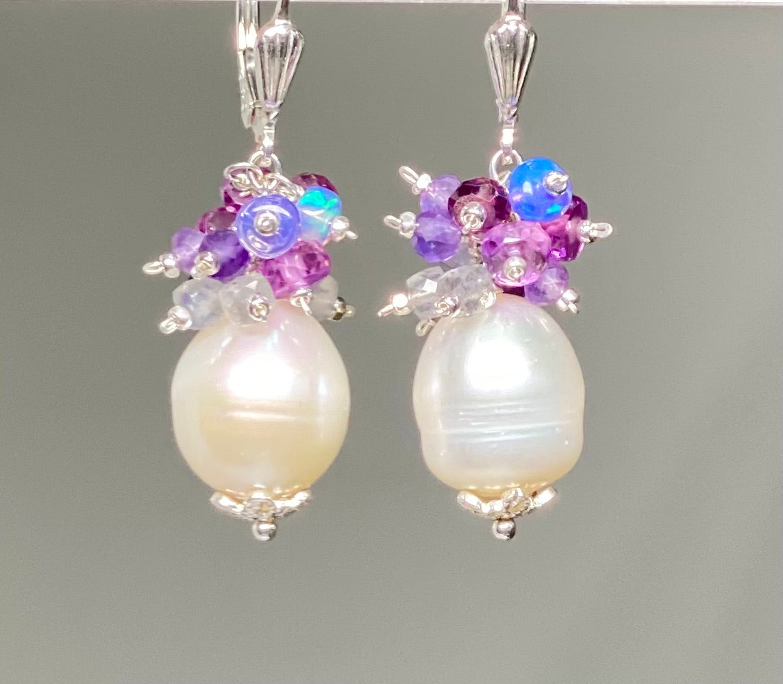 Exquisite Pearl Cluster Earrings with Pink Purple Sapphire, Labradorite, Amethyst & Opal in Sterling Silver - Perfect for Weddings, Parties & Special Occasions