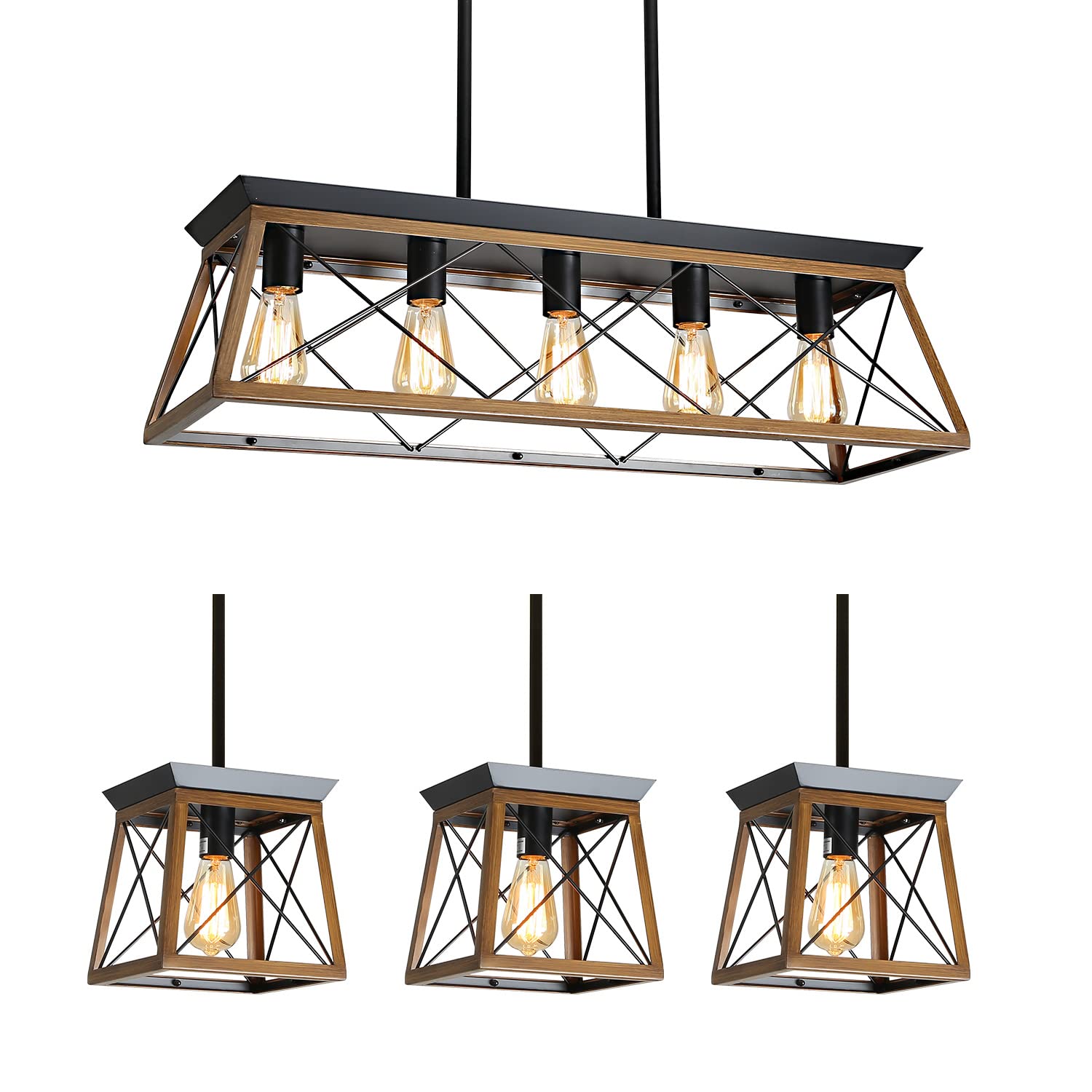 Farmhouse Pendant Lighting Set - 5-Light Kitchen Island Pendant & 3-Pack Dining Room Chandeliers - Rustic Industrial Hanging Lights for Farmhouse, Modern Kitchen and Dining Room Decor
