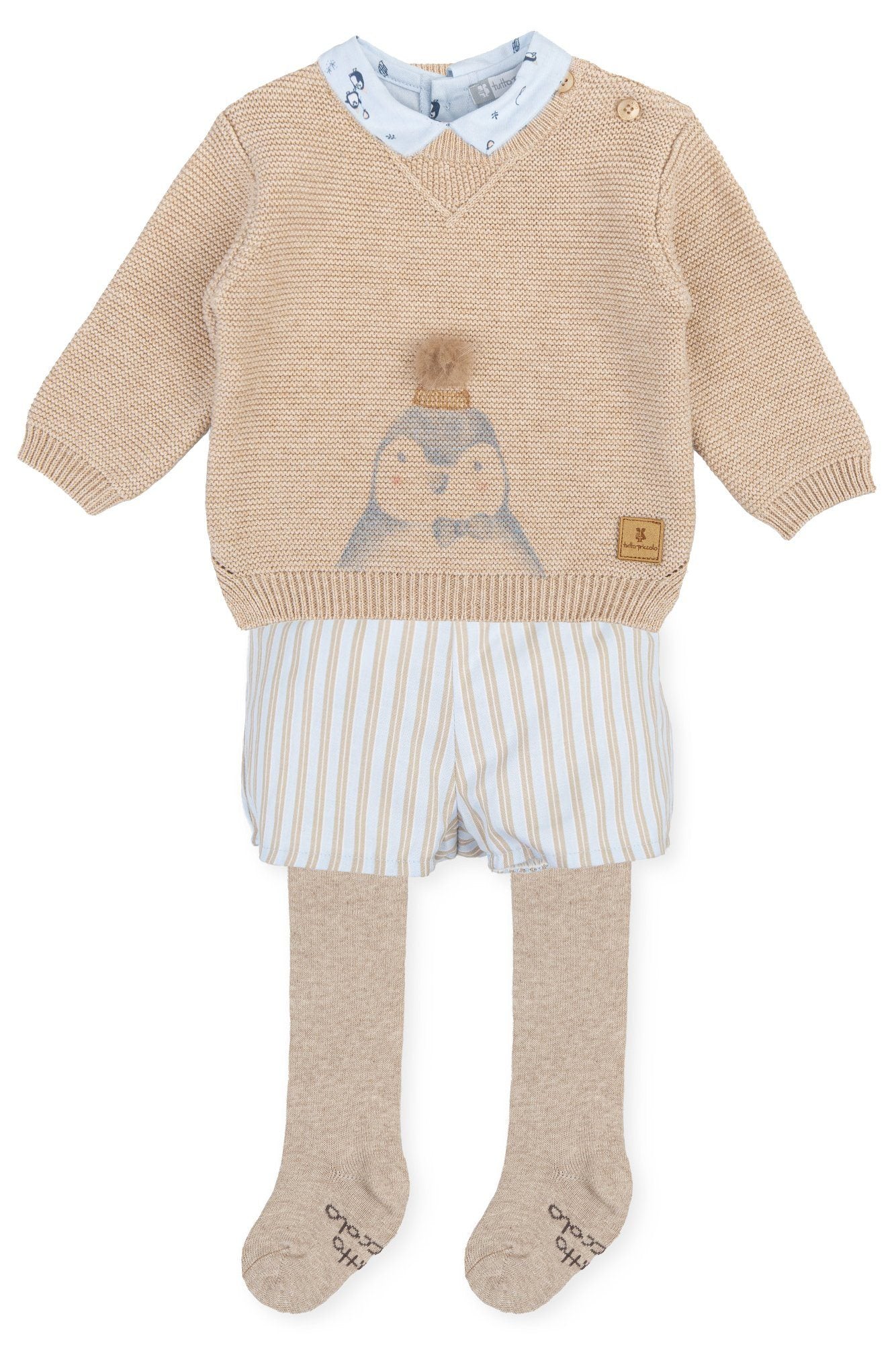 Kaleb Beige Knit Penguin Top, Shirt, Jam Pants & Tights Set - Cozy Winter Outfit for Kids | Perfect for Family Photos, Christmas & Holiday Outfits