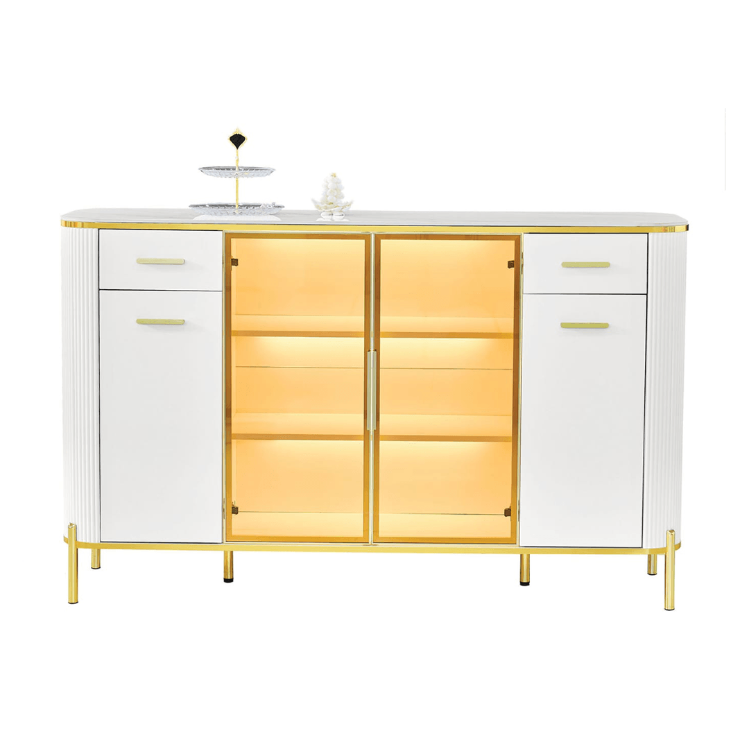 Maurille White Buffet Hutch with Durable Sintered Stone Top - 160cm Modern Dining Room Storage Cabinet for China Display & Kitchen Organization