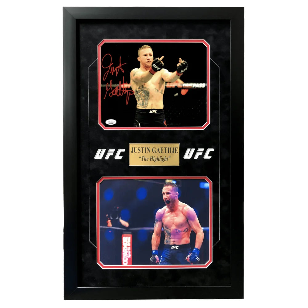 Justin Gaethje Signed UFC Framed 8x10 Photo Collage with JSA COA - Autographed Flip Bird Memorabilia - Perfect for MMA Fans, Sports Collectors, and Man Cave Decor