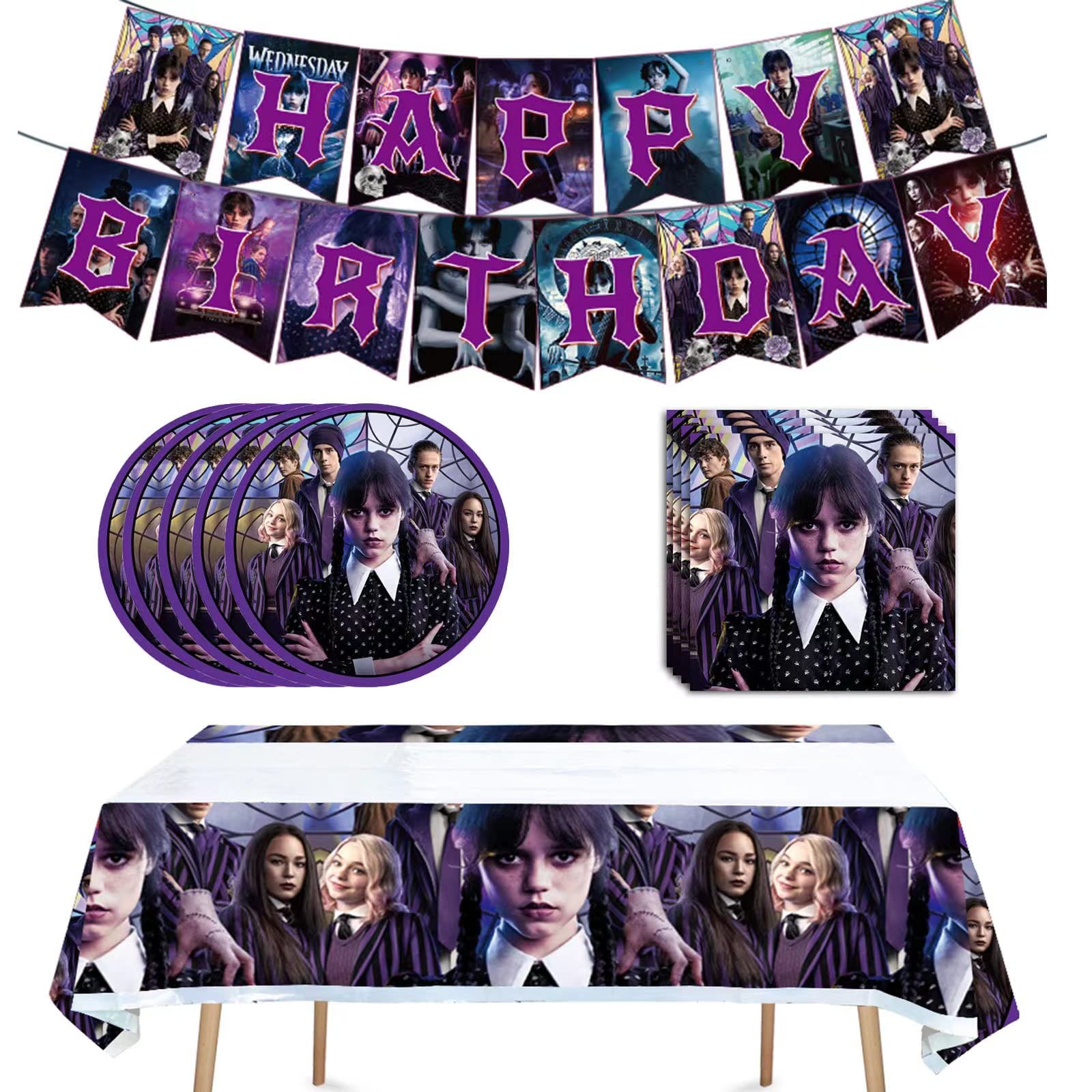 Wednesday Addams Birthday Party Supplies Set - 42 Pieces Including 20 Plates, 20 Napkins, Banners & Tablecloths for Gothic Themed Parties