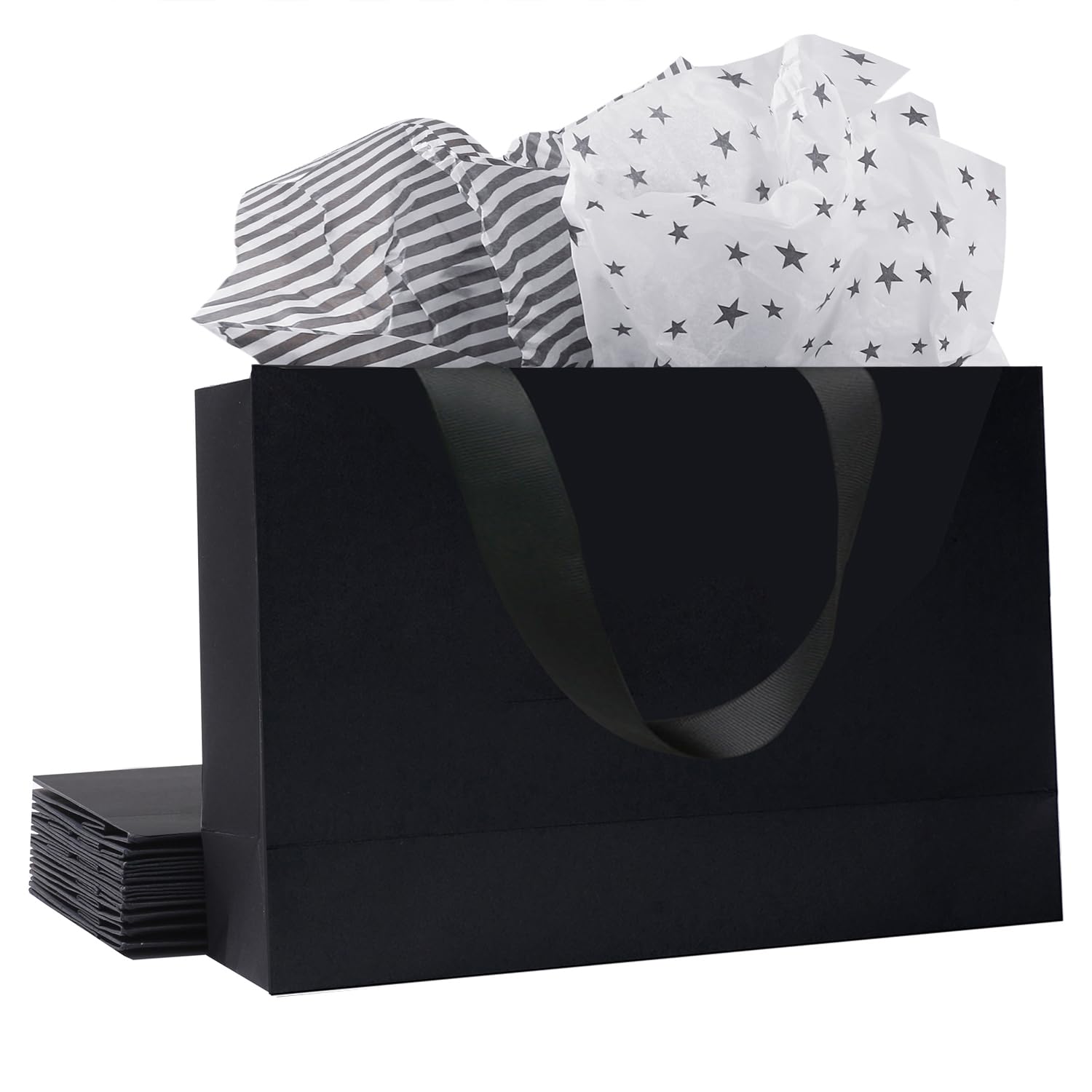 10 Large Black Gift Bags with Handles & Tissue Paper - 12.6