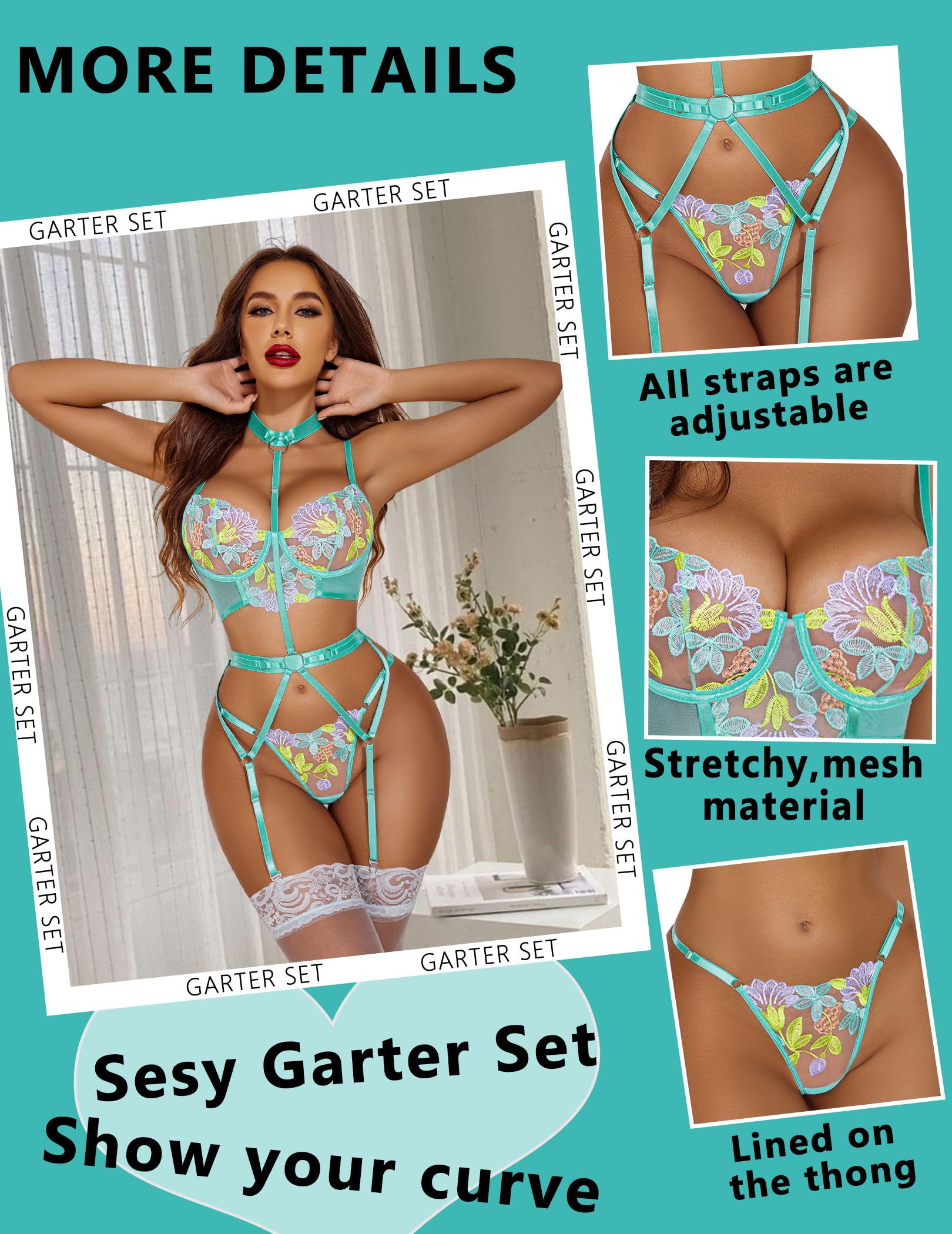 **Avidlove Women's Sexy Garter Lingerie Set with Removable Choker & Floral Embroidered Underwire - Elegant Boudoir & Special Occasion Wear (No Stockings Included)**