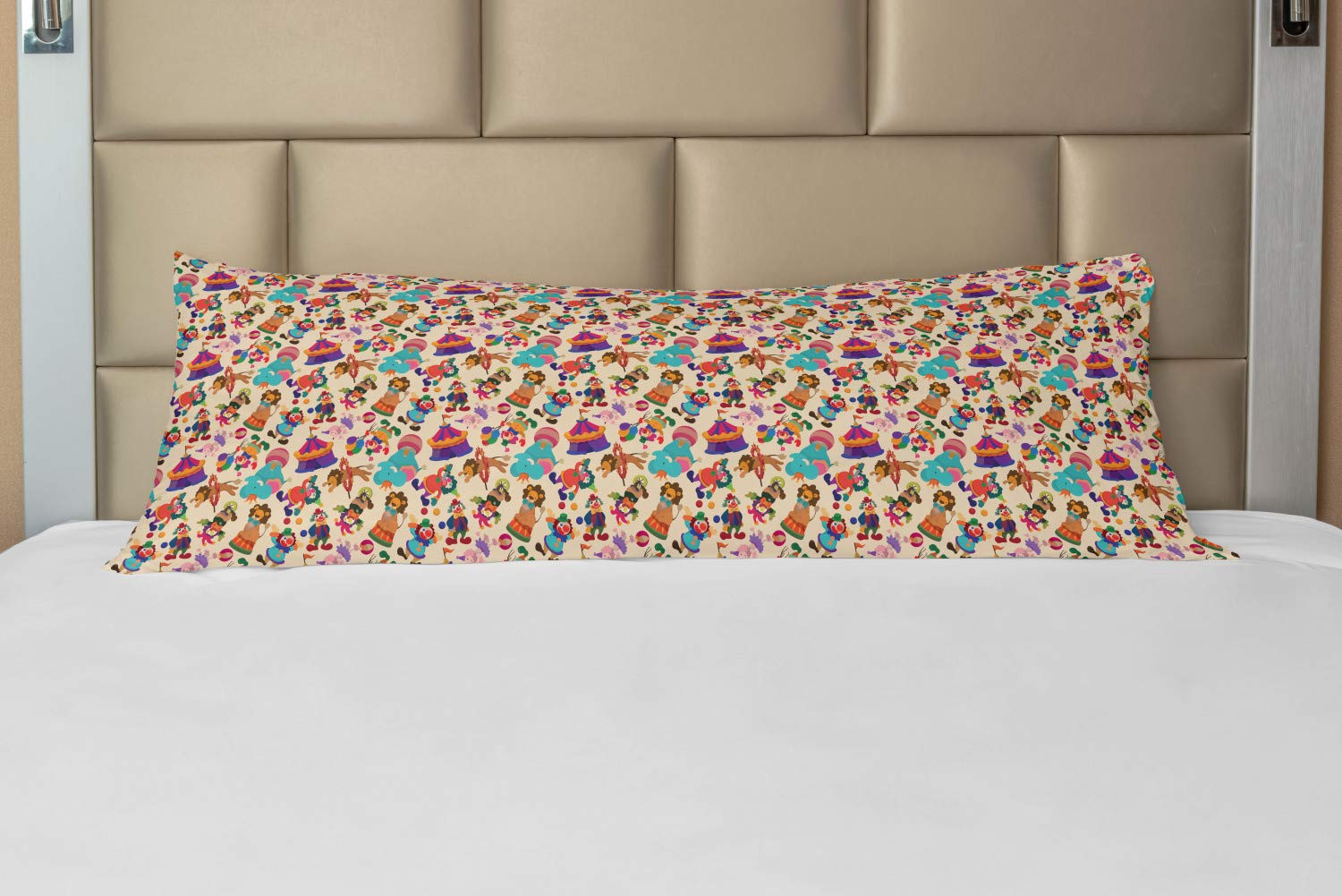 Ambesonne Circus Themed Body Pillow Cover with Zipper - Fun Carnival Pattern Featuring Tents, Clowns & Dogs - Decorative Long Pillowcase 21
