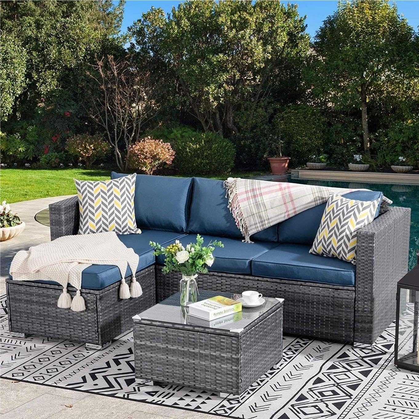 JAMFLY 3-Piece All-Weather Wicker Patio Furniture Set - Outdoor Sectional Sofa with Coffee Table & Cushions, Aegean Blue - Perfect for Backyard, Garden, Poolside & Patio Relaxation