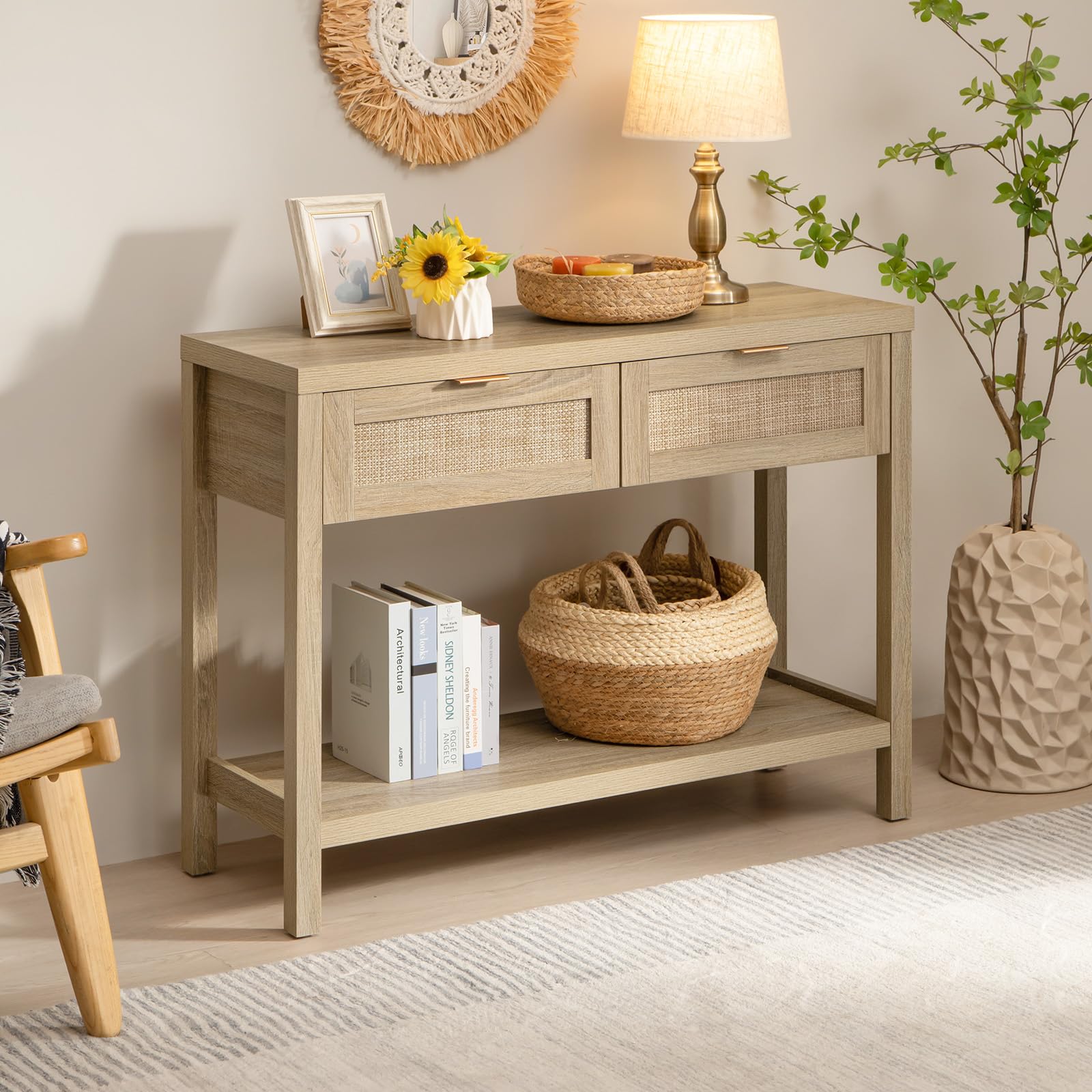 SICOTAS Rattan Console Table with Storage Drawers - Boho Entryway Sofa Table for Hallway, Living Room, Behind Couch | Small Entry Table with Shelf & Organizer for Home Decor