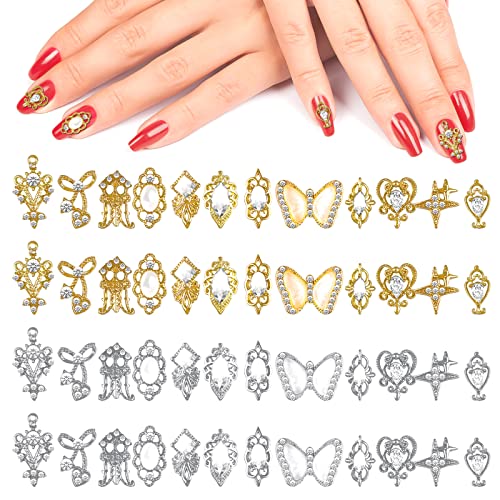 48 Pcs 3D Nail Charms - Luxury Gold & Silver Metal Rhinestones for Nails, Stars & Butterflies Nail Art Gems, DIY Manicure Crystal Diamonds - Perfect for Nail Salon, Home Manicure & Party Nail Designs