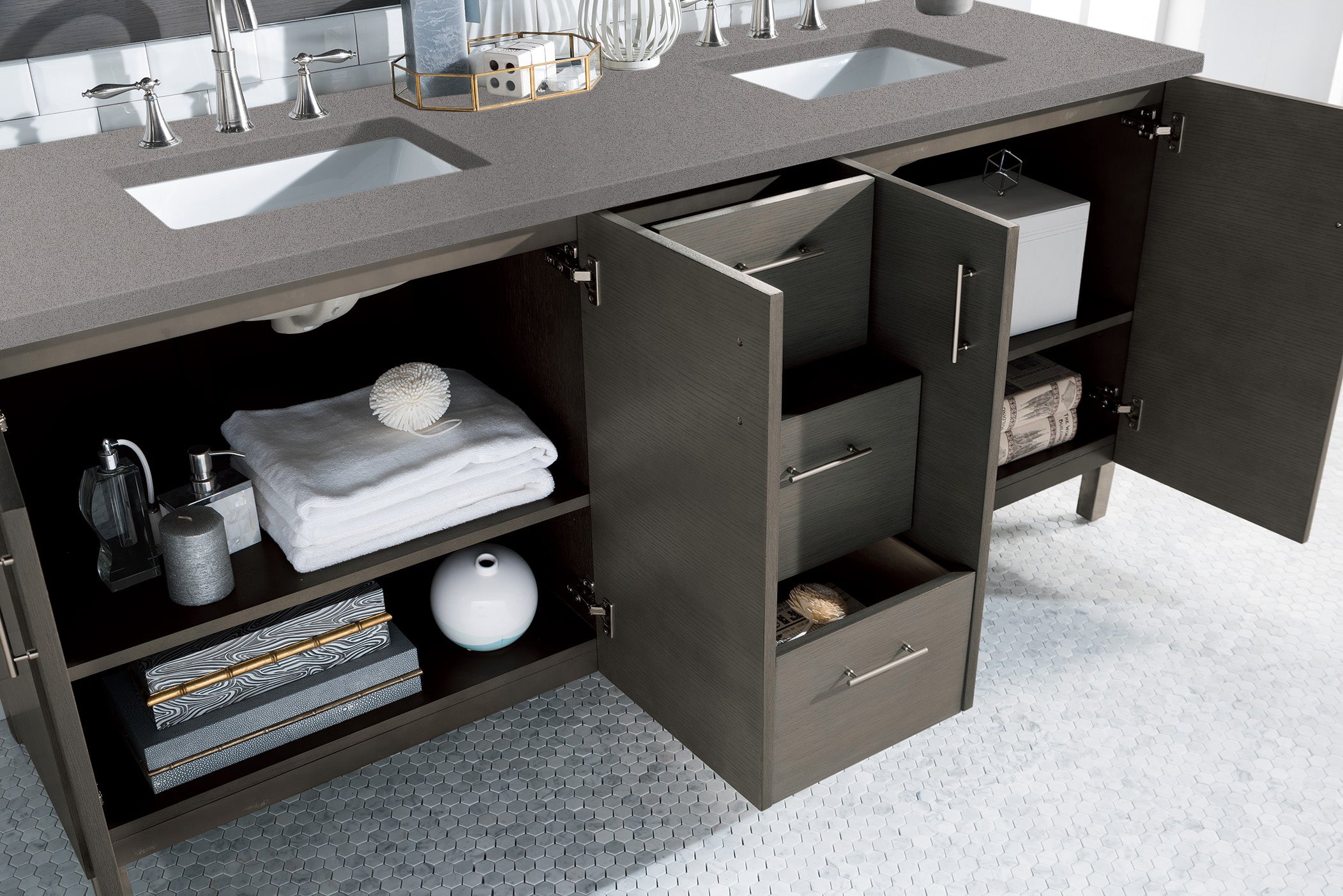 Metropolitan 72 Inch Double Bathroom Vanity with Silver Oak Finish & 3CM Grey Expo Quartz Countertop - Perfect for Master Bathroom Renovation and Modern Home Decor