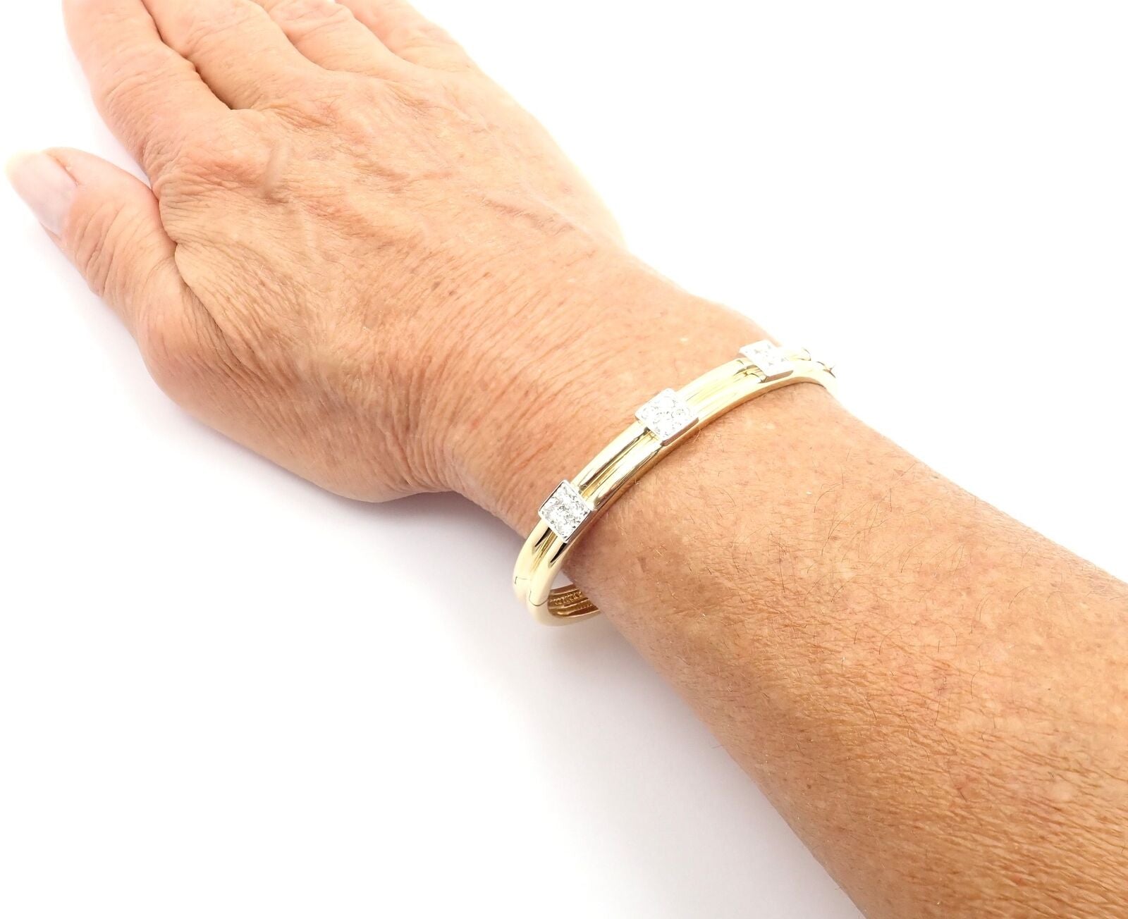 Vintage Authentic Tiffany & Co 18K Yellow Gold Diamond Bangle Bracelet - Luxury Jewelry Gift for Women, Anniversary & Special Occasions