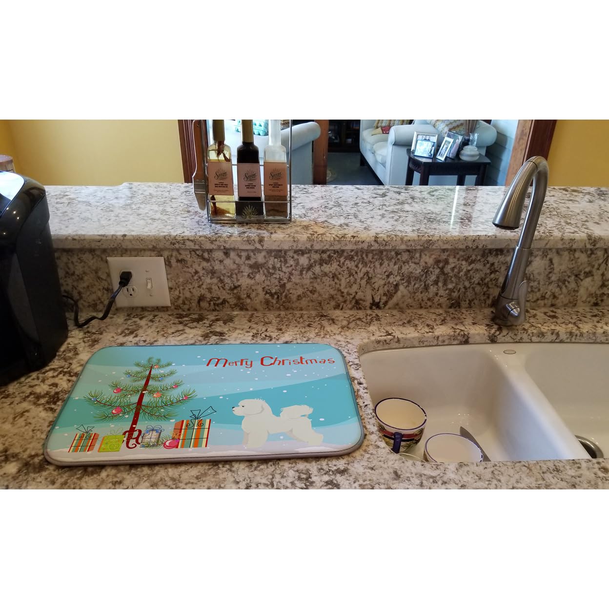 Bichon Frise Christmas Dish Drying Mat - Absorbent Kitchen Counter Mat for Holiday Decor