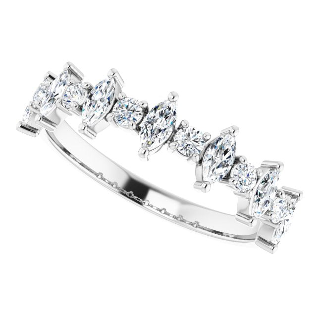0.88 Carat Prong Set Marquise and Round Diamond Wedding Band - Elegant Bridal Ring for Engagement, Anniversary & Special Occasions