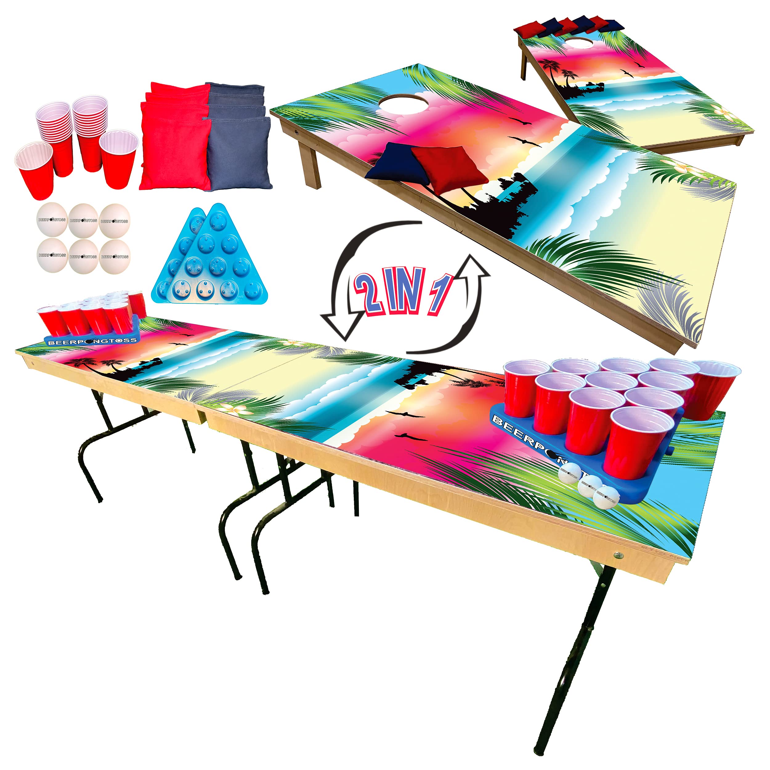 2-in-1 Cornhole & Tailgate Pong Table Set - Tropical Island Design - 8ft Portable Game Table with 2 Cornhole Boards (4x2ft), 8 Bags, 22 Cups, 6 Balls & 2 Racks - Perfect for Backyard Parties, Tailgates, College Events & Beach Gatherings