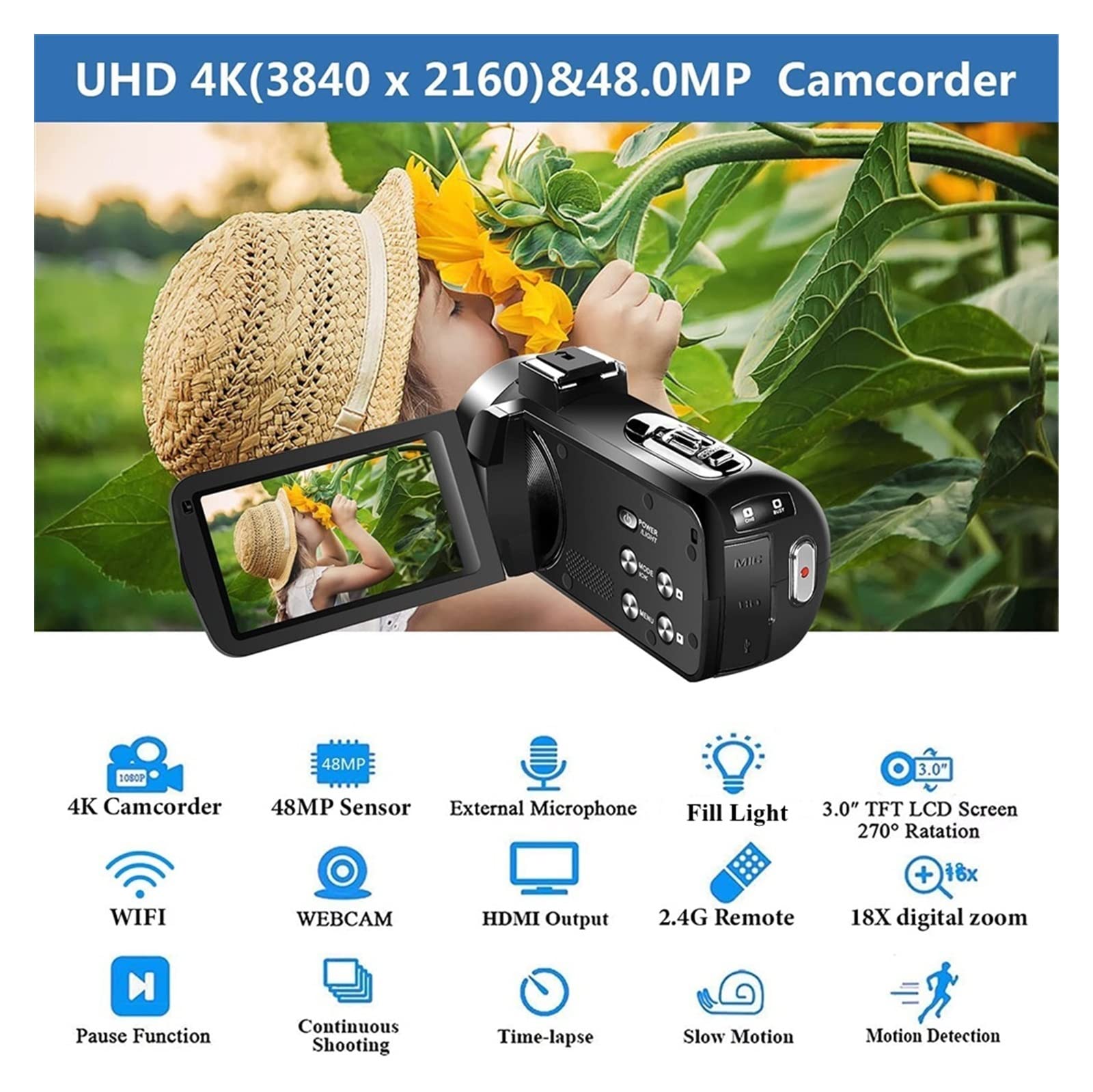 BODORME 48MP 4K Digital Camcorder - 18X Zoom Vlog Camera for YouTube & Live Streaming with Stabilizer (No SD Card) - Perfect for Travel Vlogging