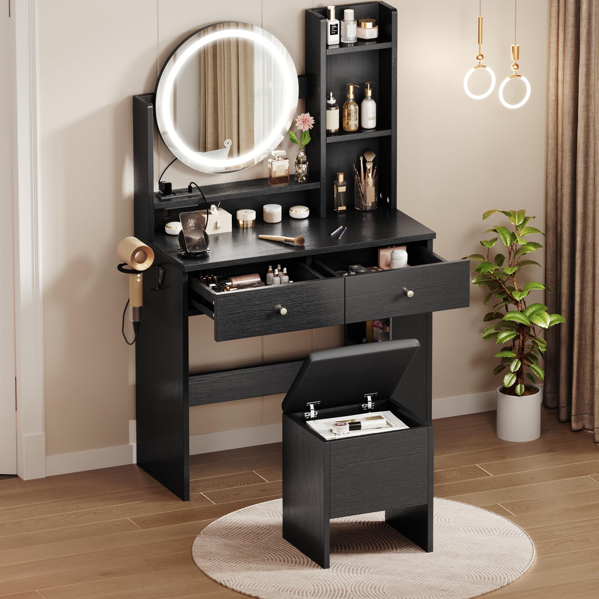 YITAHOME Makeup Vanity Desk with LED Lights & Mirror, Vanity Table Set with Power Outlets, Storage Drawer, 3 Shelves & Chair - Perfect for Bedroom, Dressing Room & Home Salon (Dark Black)