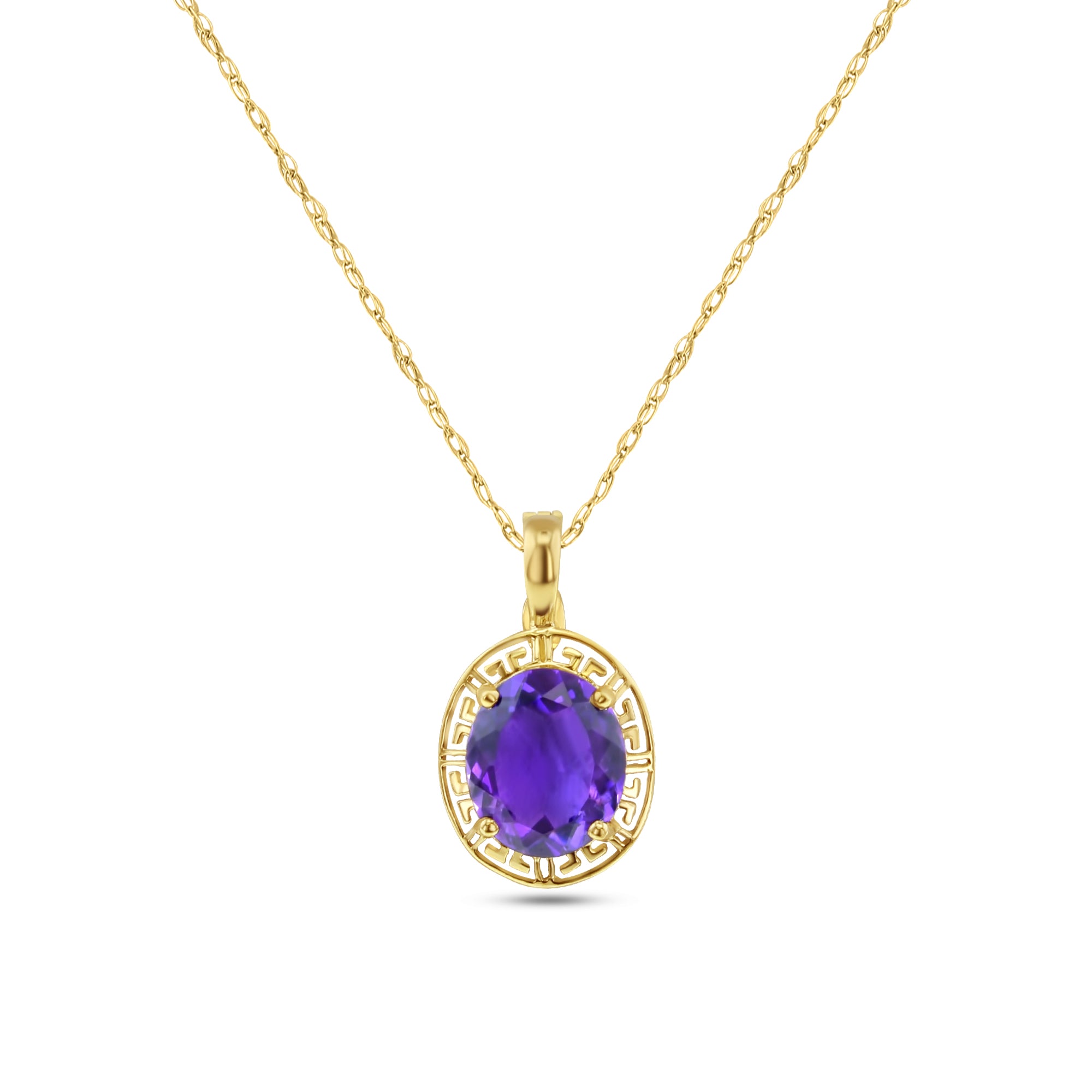 12MM Oval Amethyst Necklace with Greek Key Bezel - Elegant Purple Gemstone Jewelry for Women, Perfect for Weddings, Parties & Special Occasions