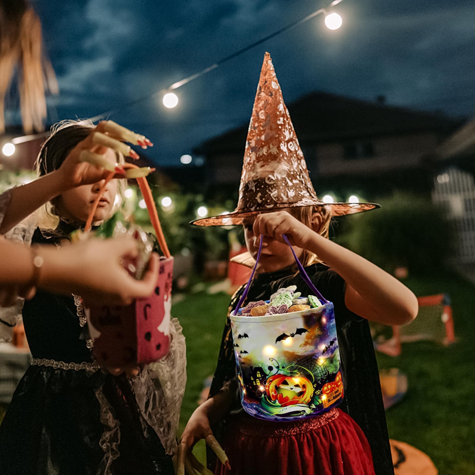 LED Light Up Halloween Trick or Treat Pumpkin Bucket - Collapsible Reusable Candy Basket for Kids, Fabric Gift Goody Bags - Perfect for Halloween Parties, Trick-or-Treating & Holiday Decor (Purple)