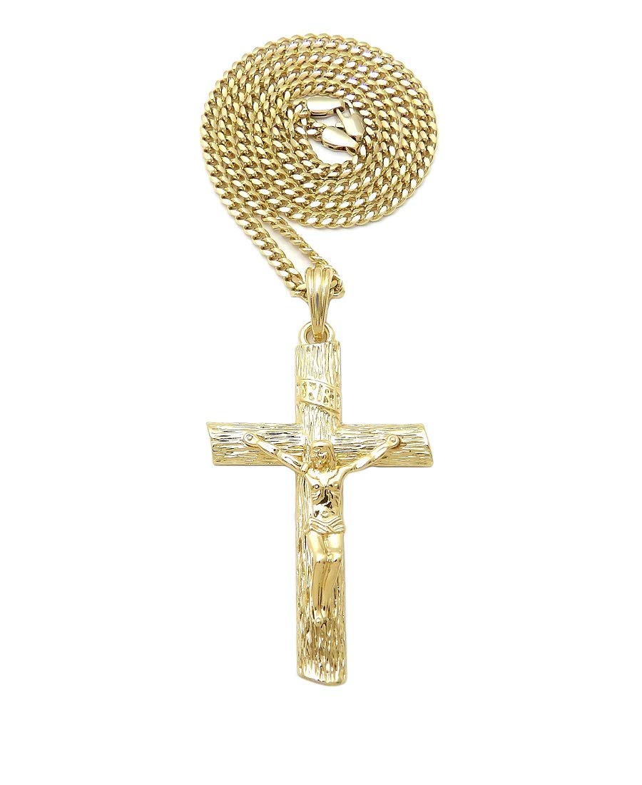 Gold-Tone Crucifix Cross Pendant with Cuban Chain Necklace - Religious Jewelry for Men & Women - Perfect for Church, Gifts & Everyday Wear