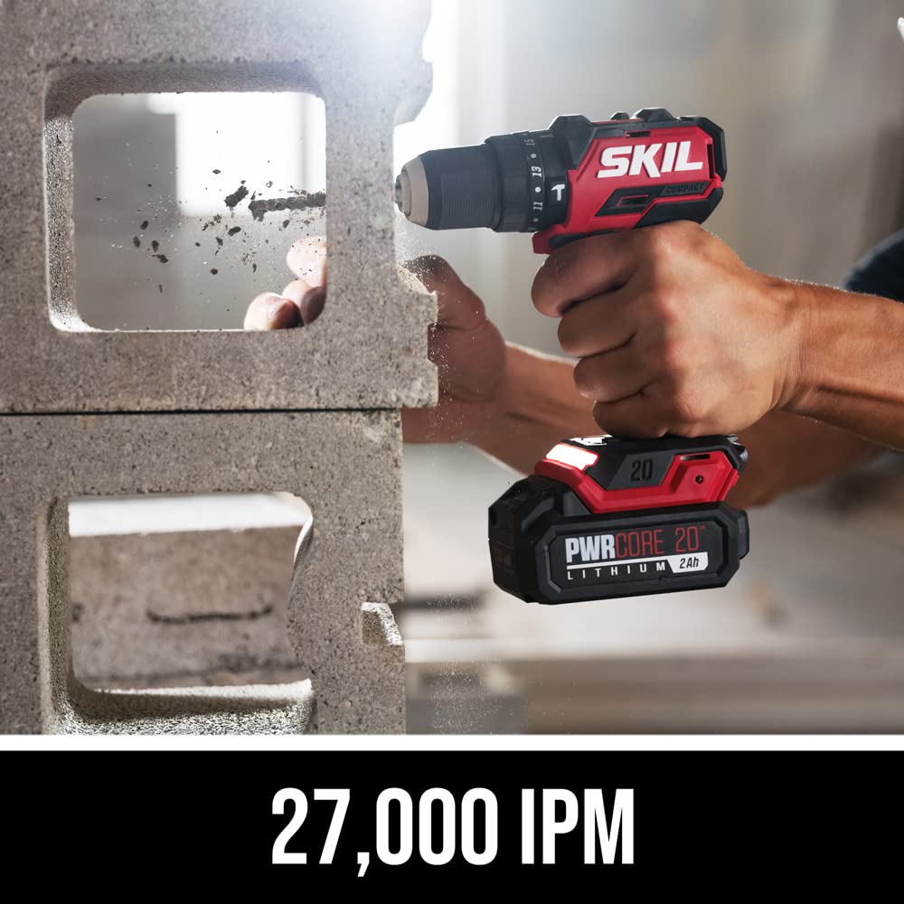 Skil PWR CORE 20 Brushless 20V 1/2 in. Cordless Hammer Drill Kit with 3-in-1 Function, 2.0Ah Battery & Fast Charger - Perfect for DIY Projects, Home Repairs and Construction Work