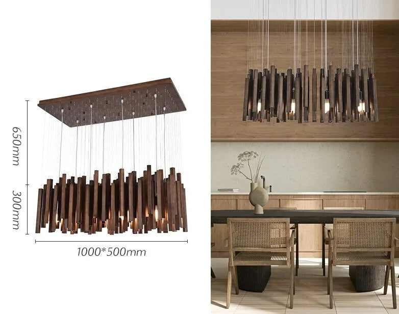 Solid Oak Wood Hanging Chandelier - Rustic Farmhouse Ceiling Light Fixture for Dining Room, Kitchen Island & Bedroom Decor