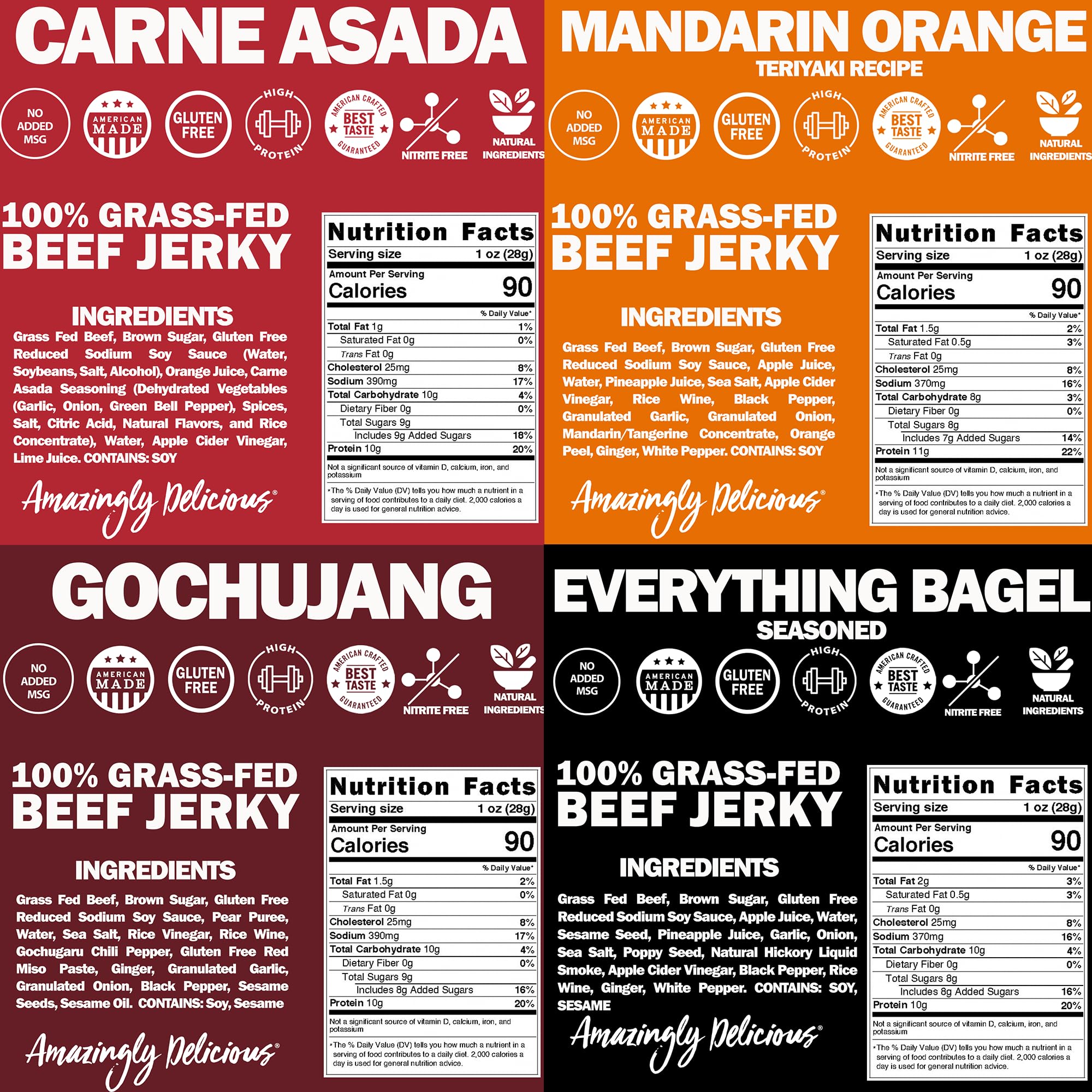 Field Trip Grass Fed Beef Jerky Variety Pack - 4 Pack of 2.2oz Bags | All Natural, Gluten Free, Paleo-Friendly, Nitrate-Free, Low Carb & High Protein Healthy Meat Snacks | Perfect for Hiking, Camping, Road Trips & Office Snacking