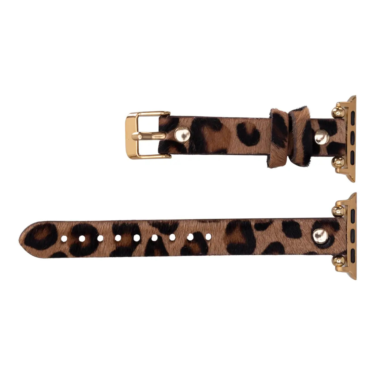 Furry Leopard Print Genuine Leather Ultra Slim Apple Watch Band with Gold Rivets - Stylish & Comfortable for Workouts, Office & Everyday Wear