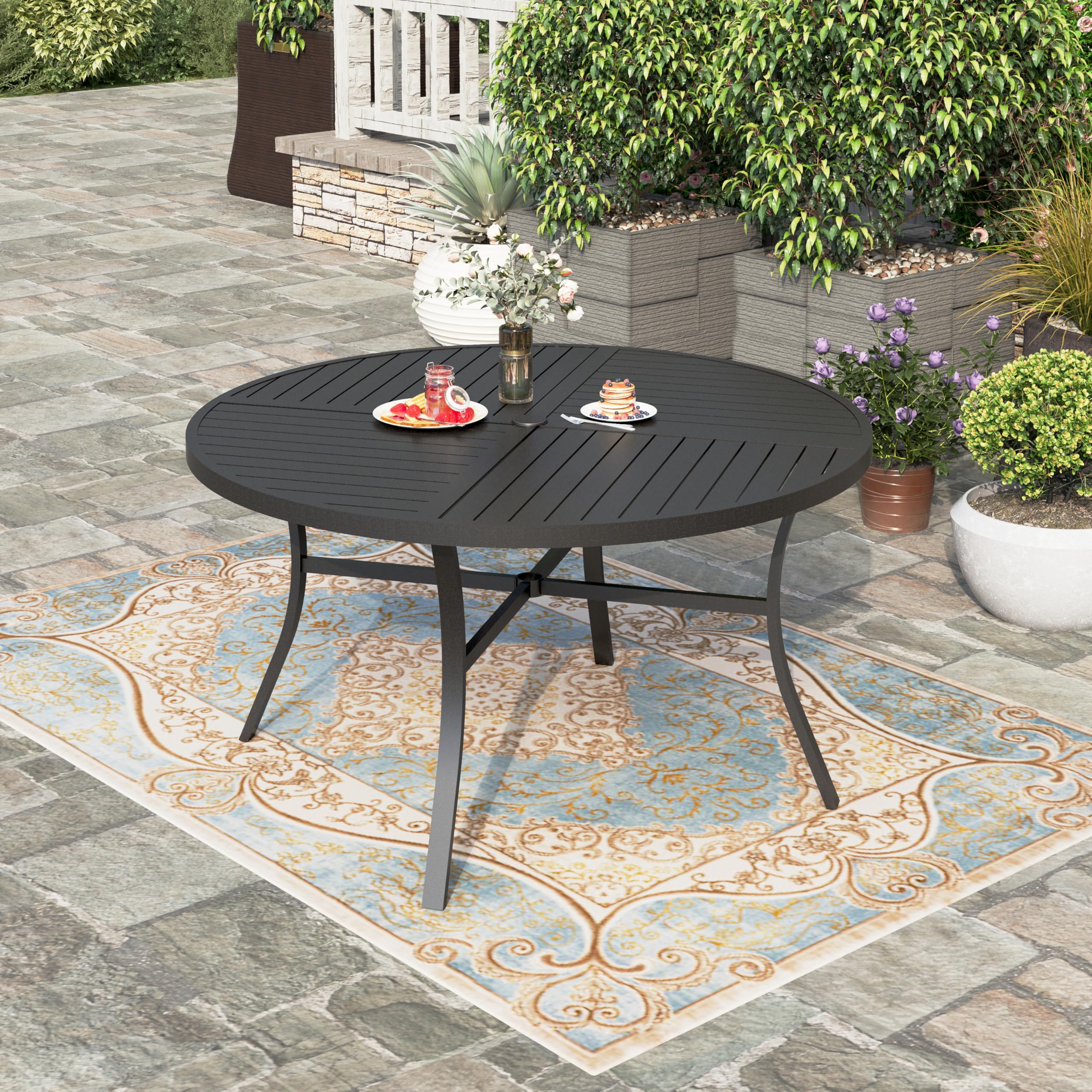 HERA'S HOUSE 42 Inch Round Outdoor Patio Dining Table with Umbrella Hole - Black Metal Garden Table for 4 People - Perfect for Backyard, Lawn, Garden & Poolside Gatherings