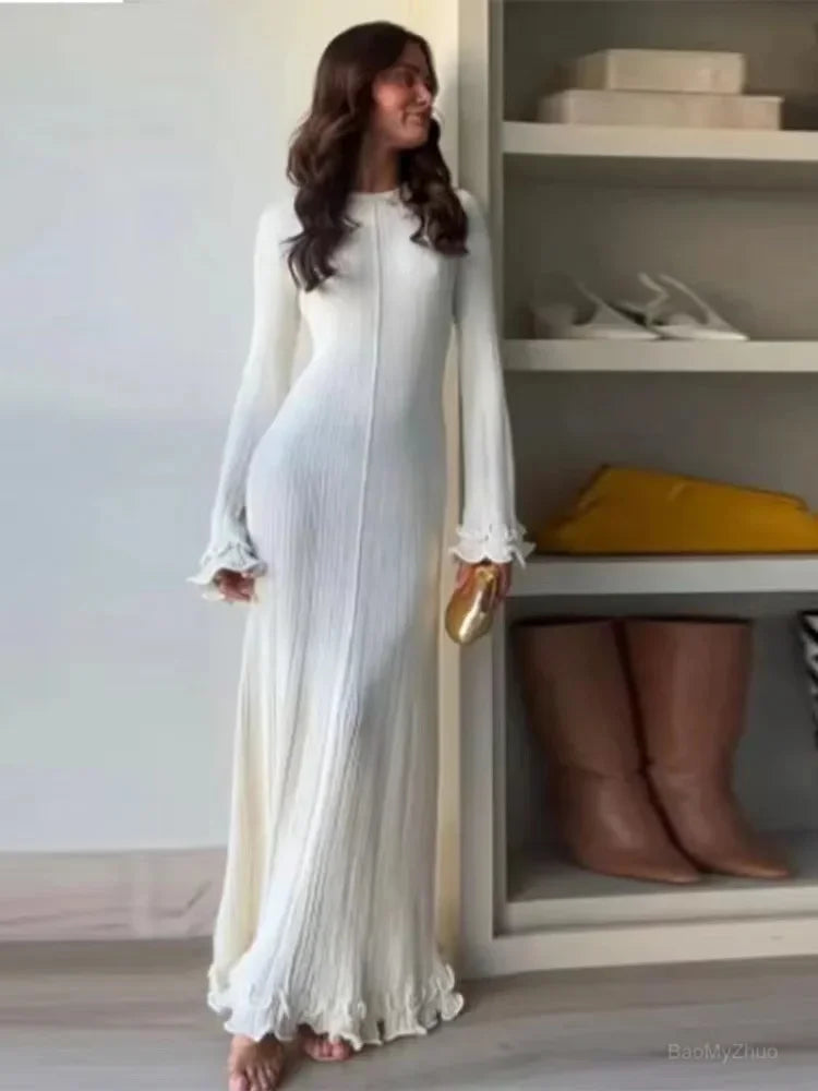 Elegant White Flared Sleeve Knit Dress for Women - Crew Neck Slim Fit Summer Party Dress | Perfect for Cocktail Parties, Date Nights & Office Wear