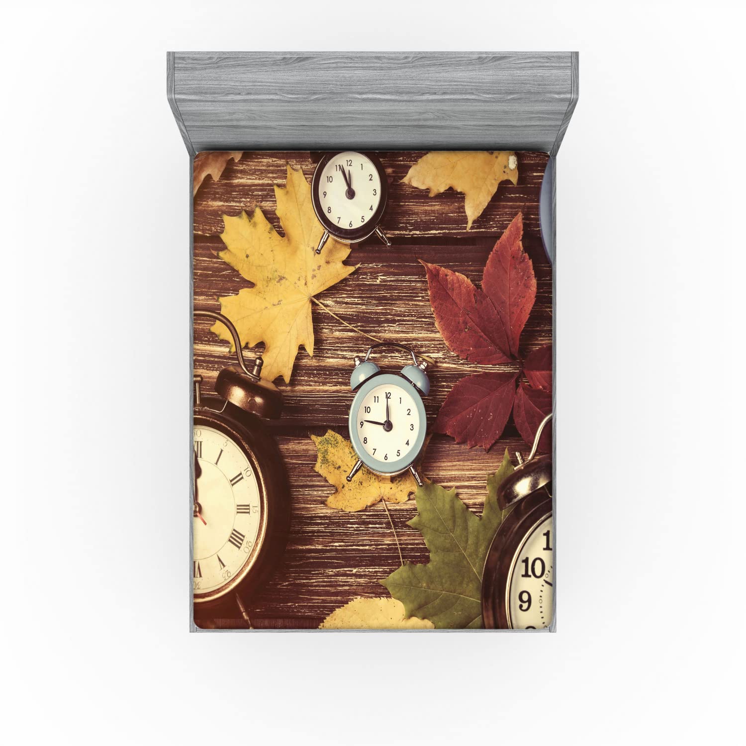 Ambesonne Fall Fitted Sheet - Queen Size Deep Pocket Bed Cover with Dry Maple Leaves & Alarm Clocks Print | All-Around Elastic for Comfort | Perfect for Autumn Bedroom Decor & Seasonal Home Styling