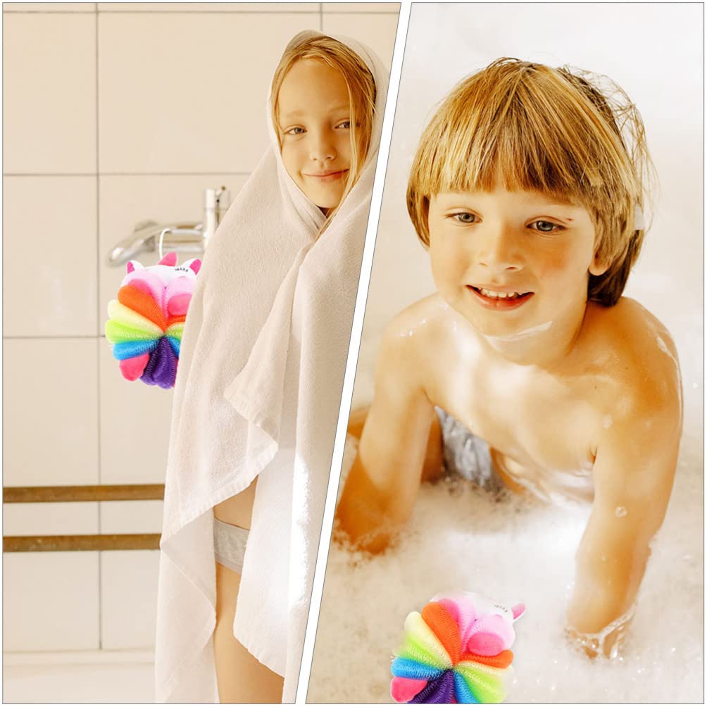 Kisangel 2-Pack Kids Bath Sponge Set - Cute Animal Shower Pouf & Exfoliating Mesh Ball for Gentle Baby Body Wash | Soft Bath Sponges for Toddler Bubble Bath & Sensitive Skin Care