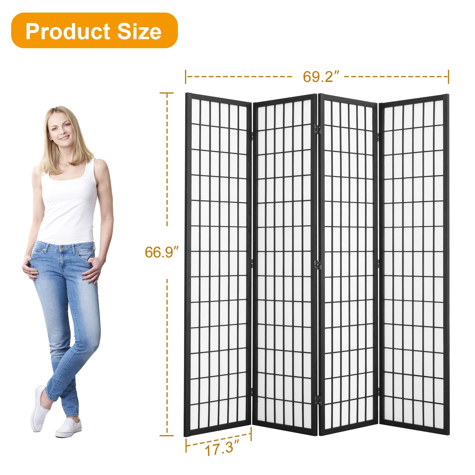 4 Panel Shoji Screen - Japanese Room Divider & Folding Privacy Screen for Living Room, Bedroom, Office - 66.9 Inches Tall, No Assembly Required, Black - Perfect for Home Decor, Zen Spaces & Room Partitioning
