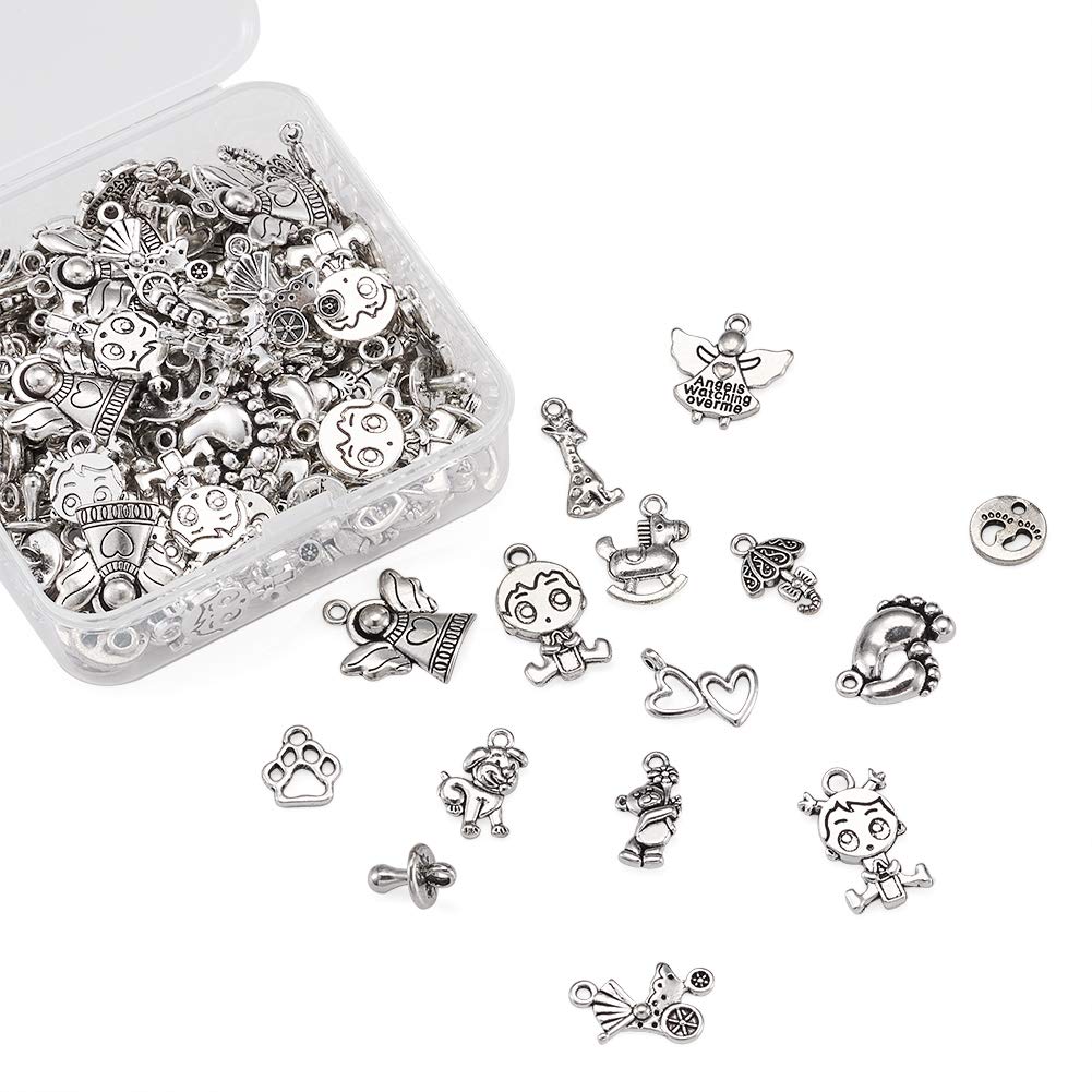 KISSITTY 150pcs Tibetan Antique Silver Baby Theme Charm Pendants - 15 Style Dangle Beads for DIY Jewelry Making & Crafting - Perfect for Bracelets, Necklaces, Earrings & Scrapbooking Projects