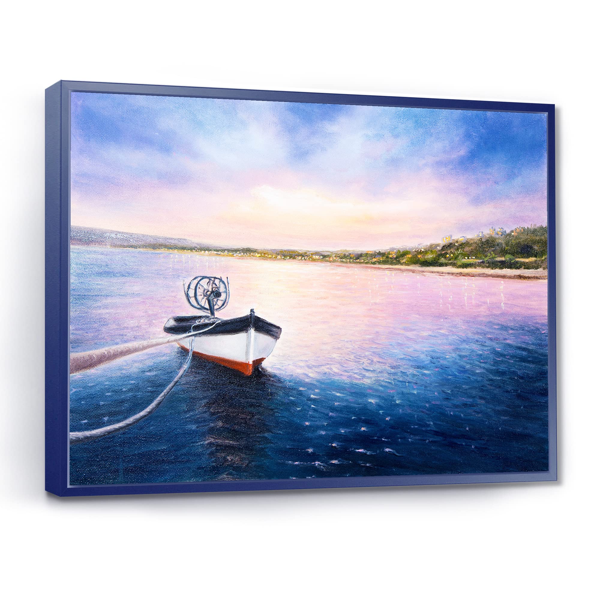 DesignQ Framed Canvas Wall Art Print - Fishing Boat by the Shore at Vibrant Sunset, Perfect for Lake House Decor & Living Room Wall Art